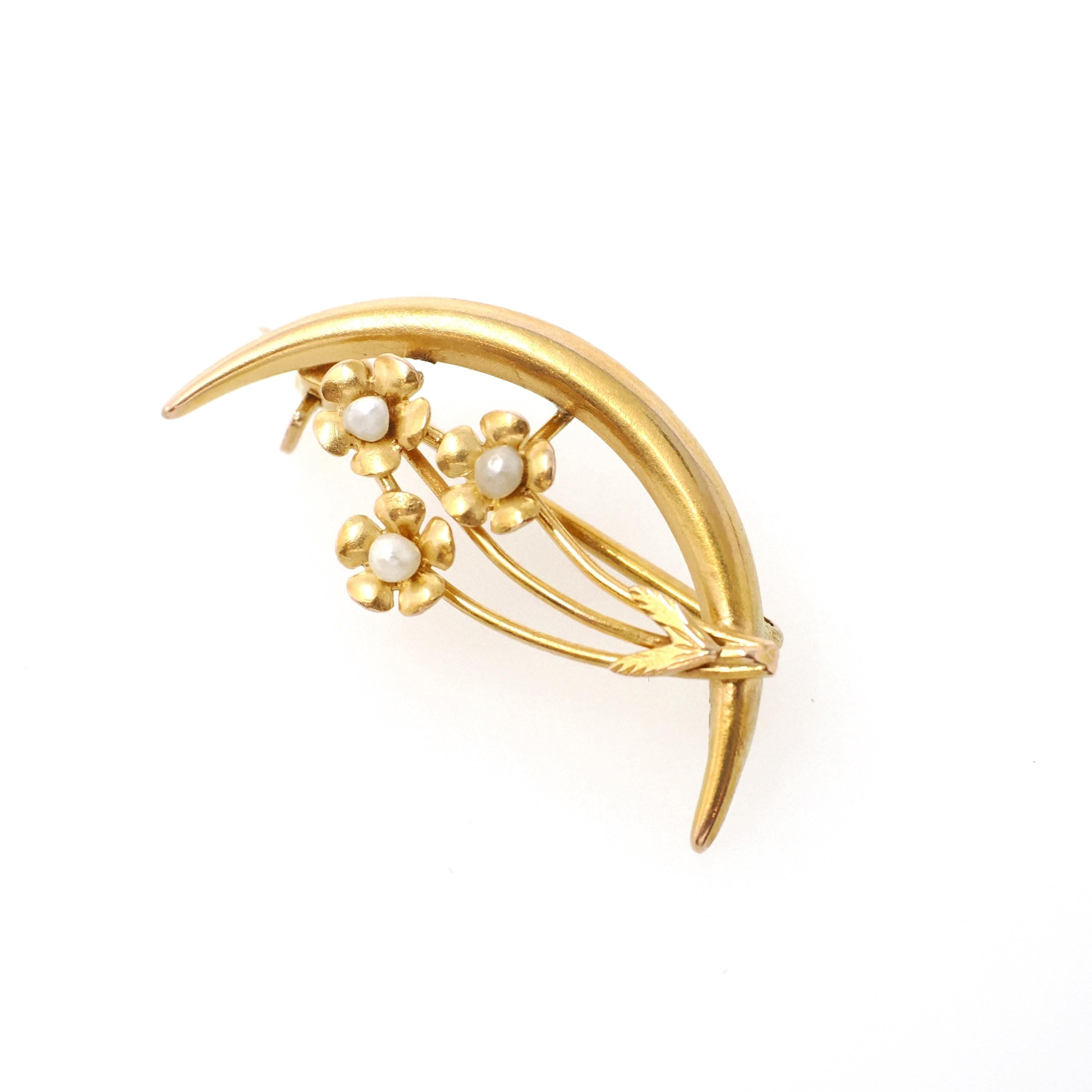 Antique Moon Brooch - Edwardian 10k Yellow Gold Natural Seed Pearl Flower Trio Pin - Circa 1910s Celestial Crescent Bouquet Fine Jewelry