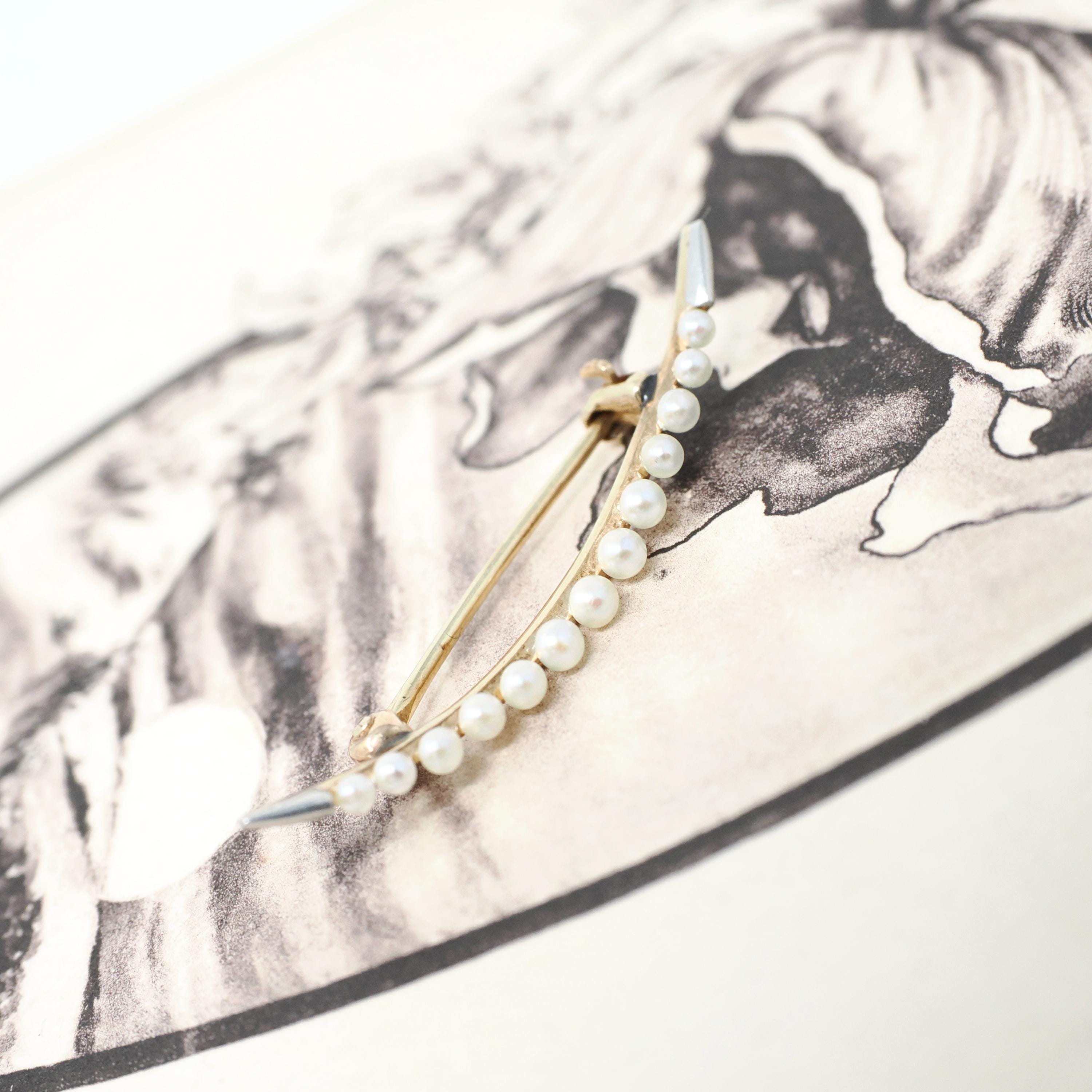 Antique Moon Brooch - Edwardian 14k Yellow Gold & Platinum Natural Seed Pearl Pin - Circa 1910s Celestial Crescent Satellite Fine Jewelry