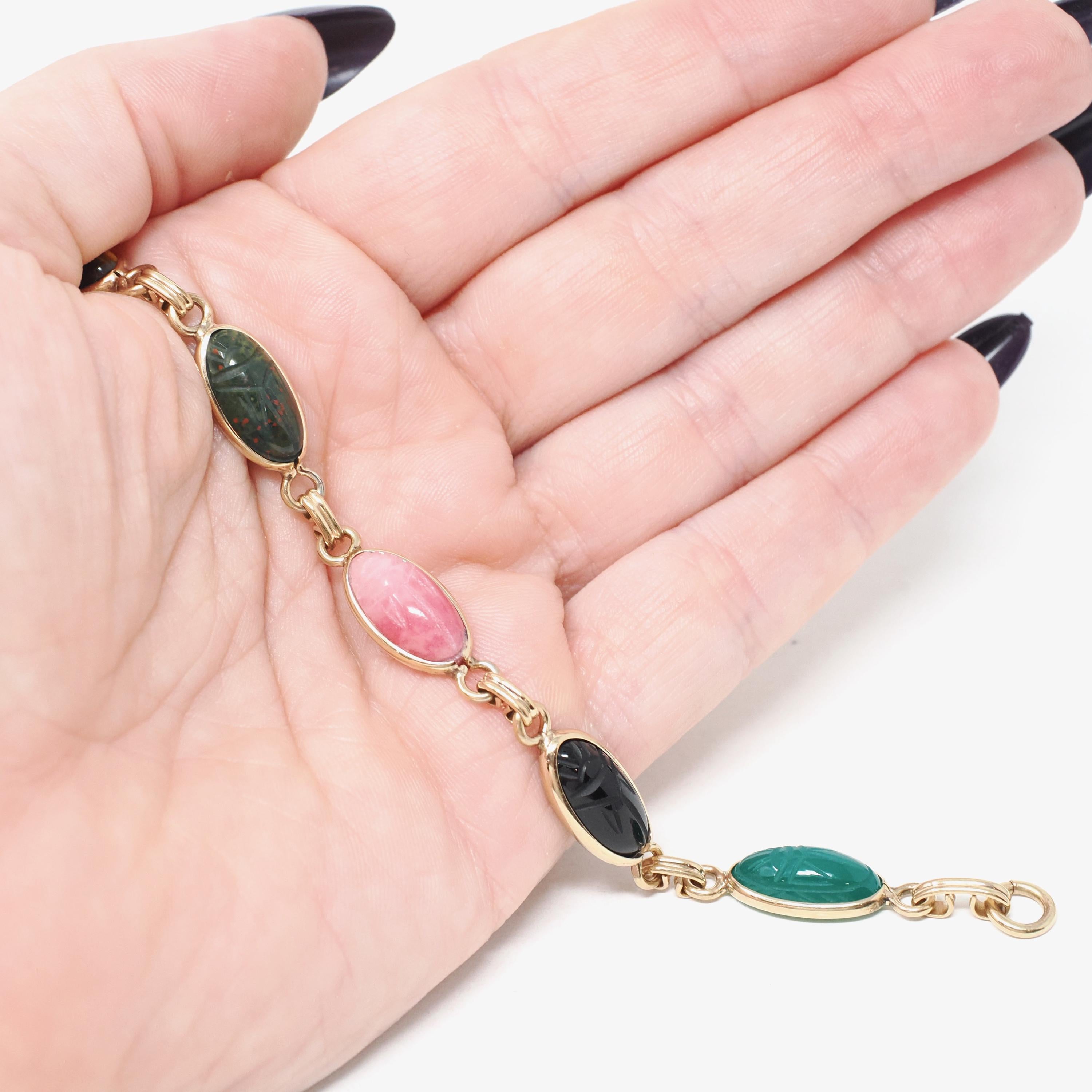 Vintage Scarab Bracelet - Retro 12k Gold Filled Carved Natural Gemstones - Circa 1960s Egyptian Revival Style Symbolic Panel Linked Jewelry