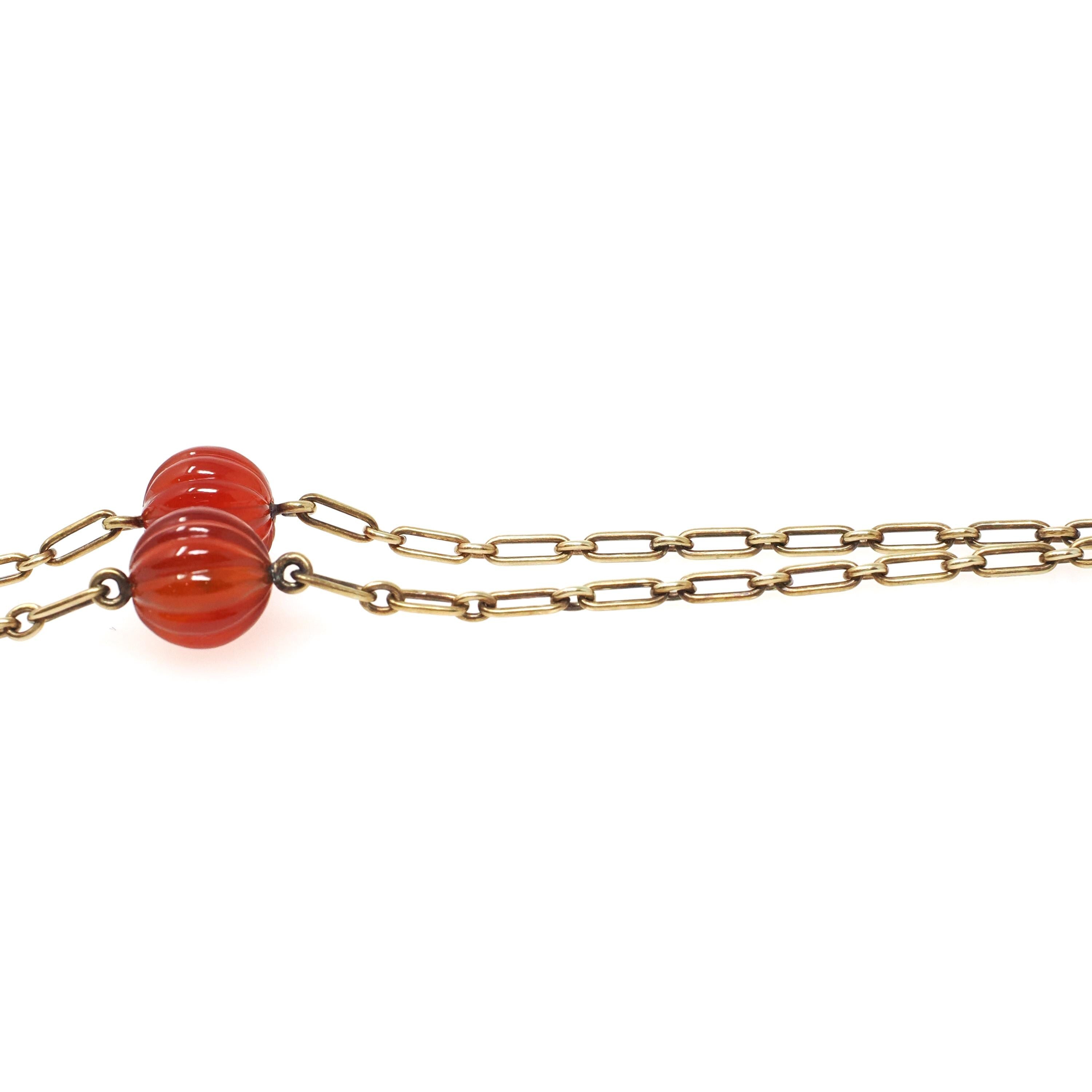 Art Deco Necklace - Vintage 14k Yellow Gold Natural Carved Orange Carnelian Gemstones - Circa 1930s Era Statement Beaded Flower Fine Jewelry