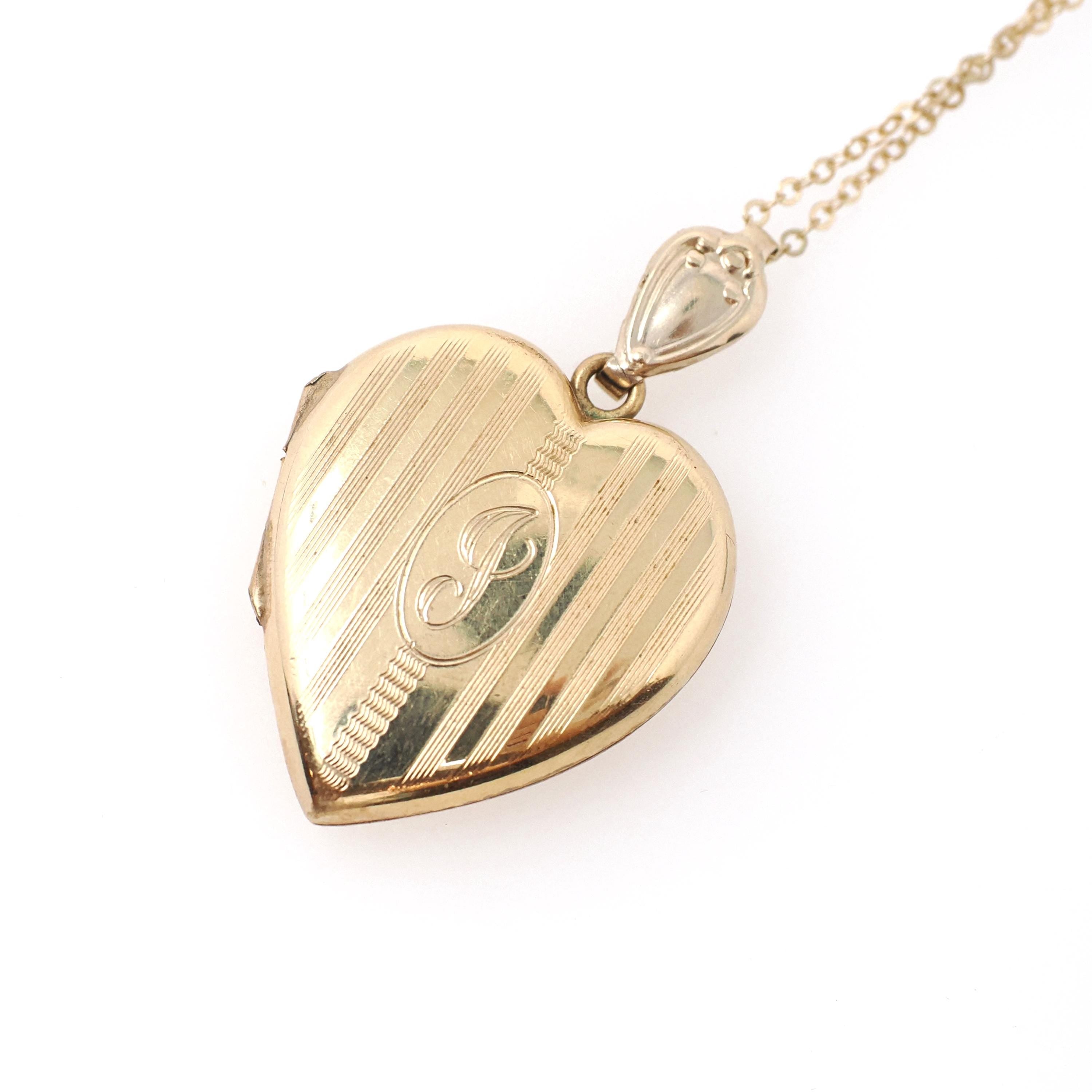 Letter "J" Locket - Retro 12k Gold Filled Engraved Initial Pendant Necklace - Vintage Circa 1940s Era Photograph Keepsake Hayward Jewelry