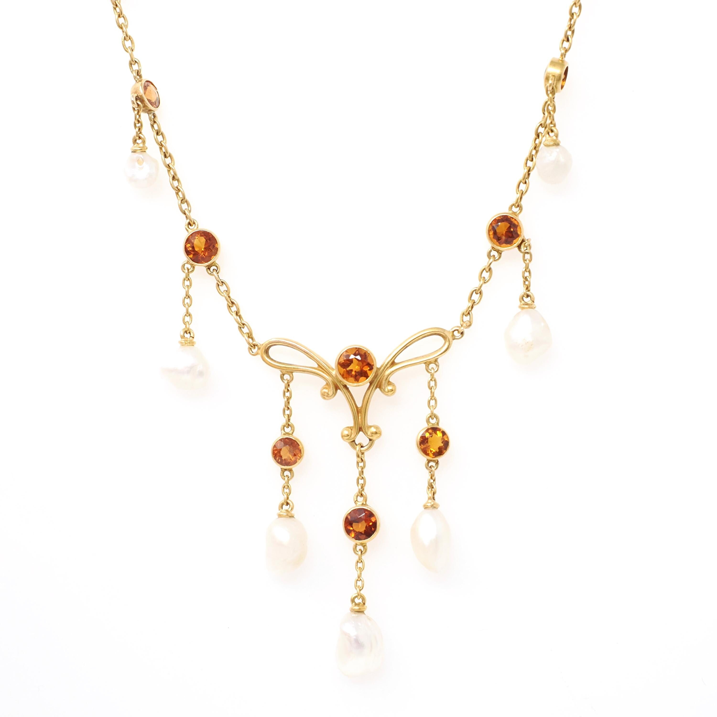 Antique Festoon Necklace - Edwardian 14k Yellow Gold Natural Citrine Gemstones & Baroque Pearls - Art Nouveau Circa 1900s Statement Jewelry