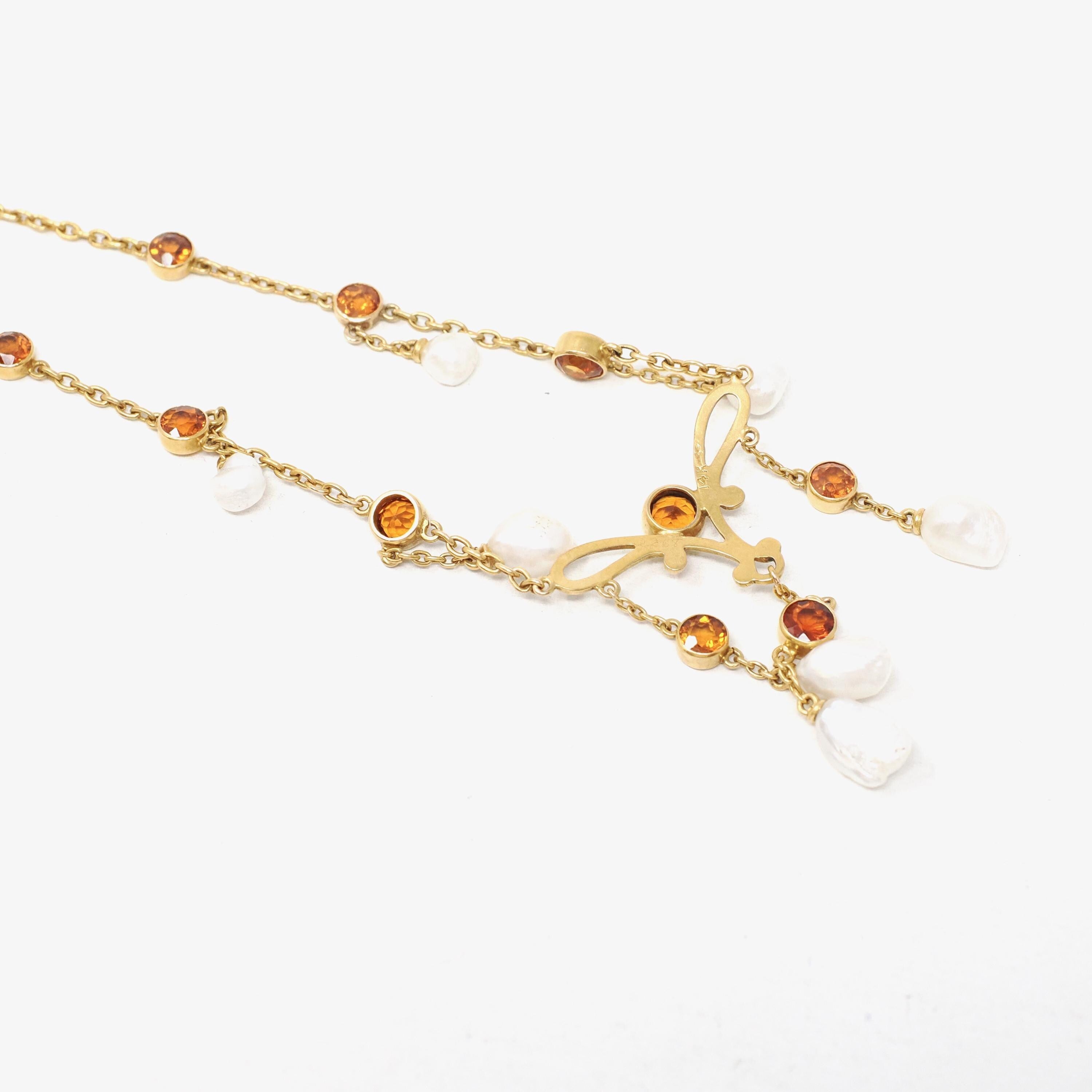 Antique Festoon Necklace - Edwardian 14k Yellow Gold Natural Citrine Gemstones & Baroque Pearls - Art Nouveau Circa 1900s Statement Jewelry
