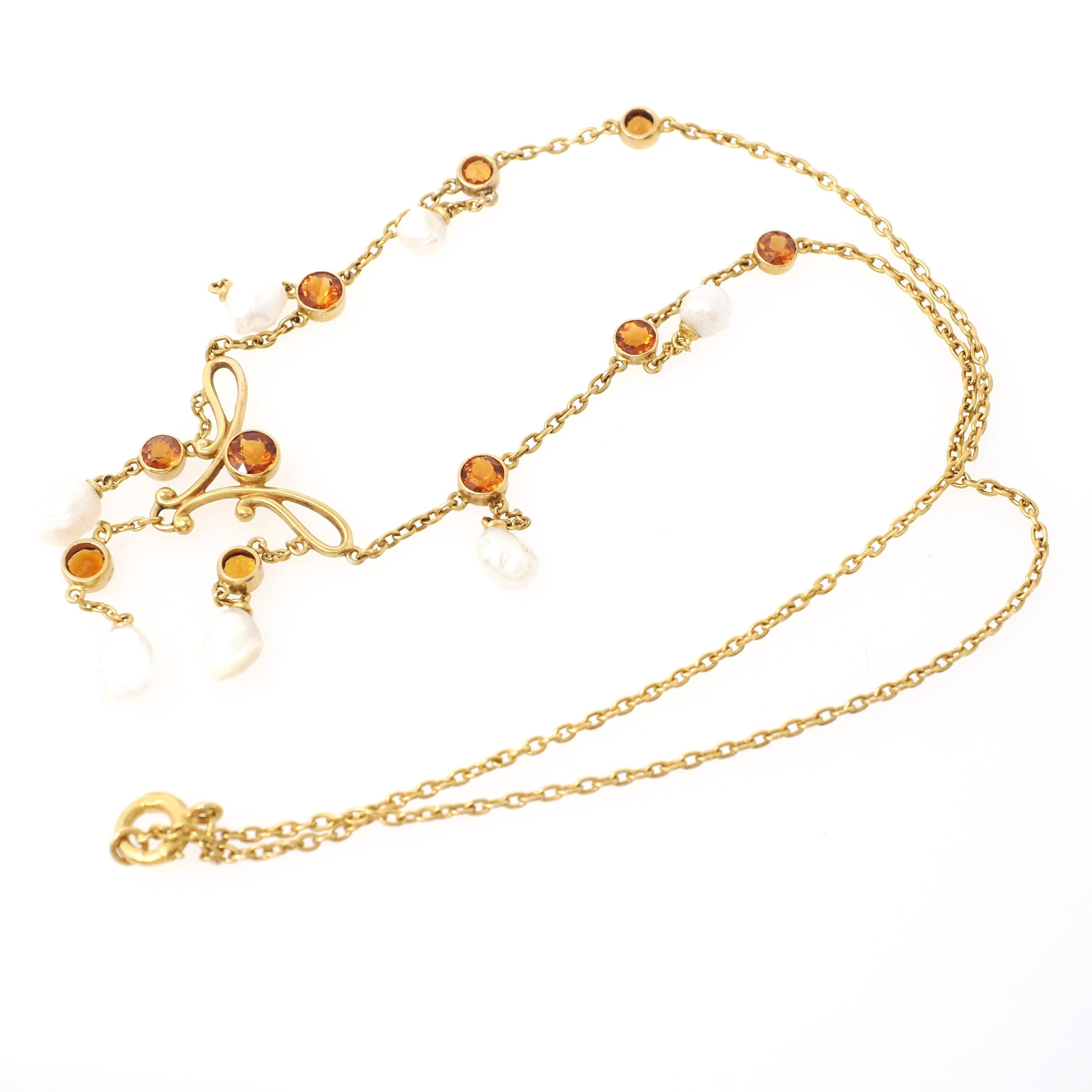Antique Festoon Necklace - Edwardian 14k Yellow Gold Natural Citrine Gemstones & Baroque Pearls - Art Nouveau Circa 1900s Statement Jewelry