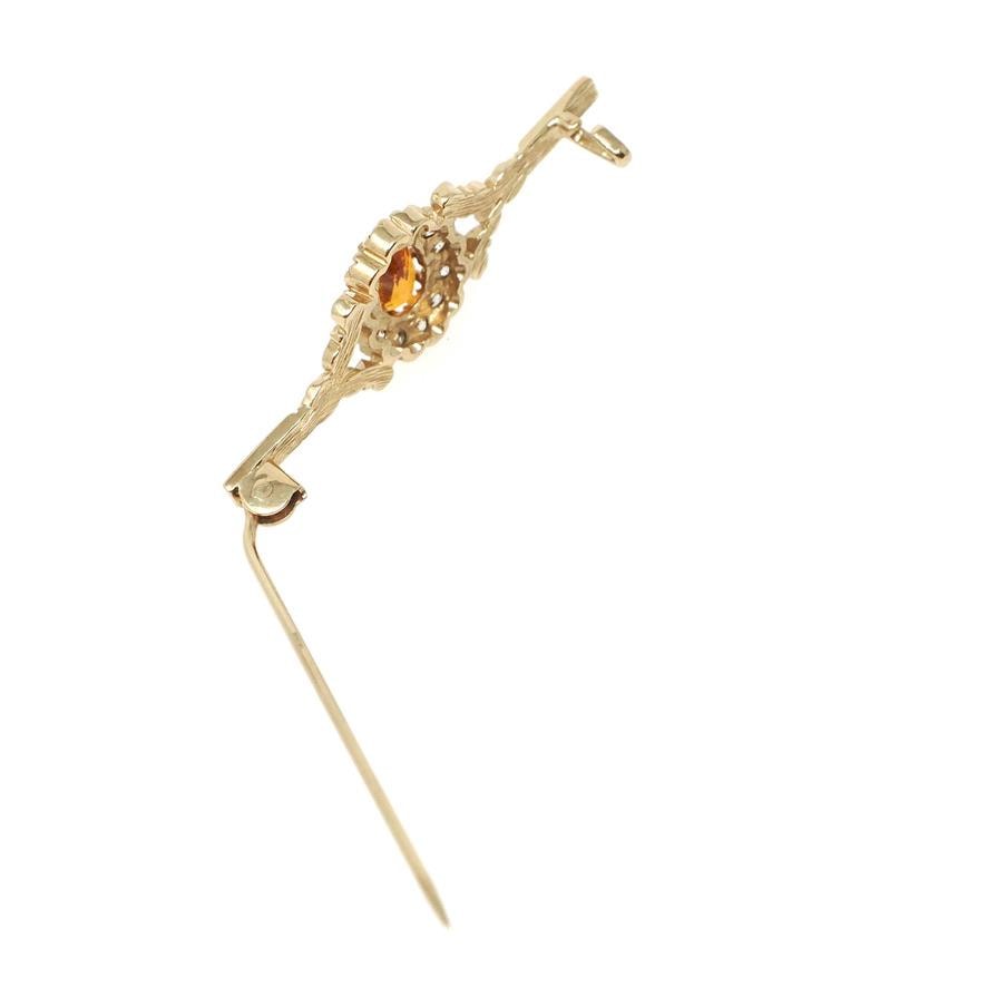 Modern Citrine Brooch - Estate 9k Yellow Gold Oval Orange Gemstone Floral Bar Pin - Circa 2000s Era CZ Halo Fine Vintage Style Jewelry
