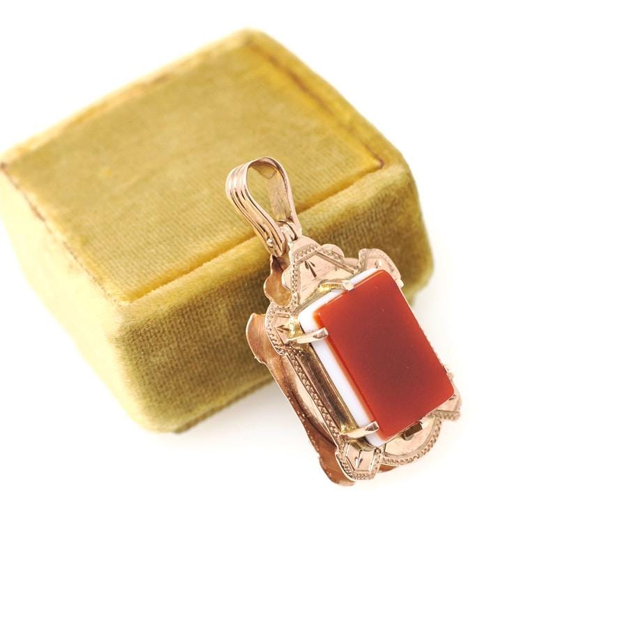 Antique Sardonyx Locket - Victorian 10k Rose Gold Brown Red And White Double Sided Pendant - Circa 1880s Era Fob Fine Dog Photo Jewelry