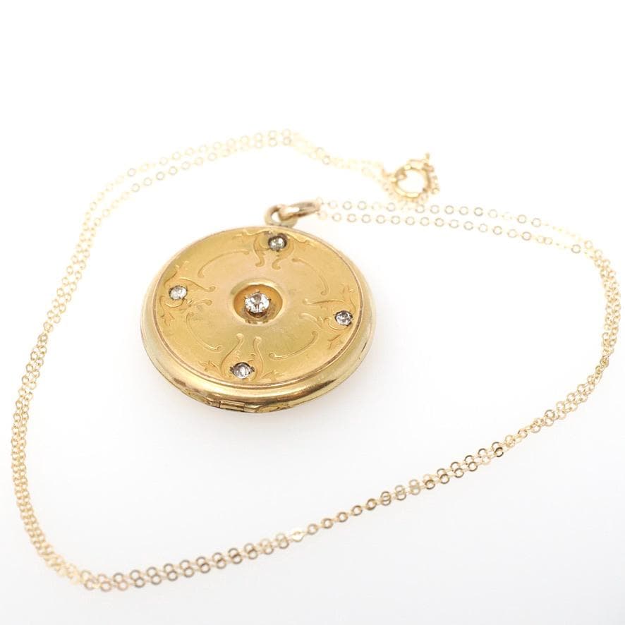 Antique Rhinestone Locket - Edwardian Gold Filled Round Compass Pendant Necklace - Circa 1900s Era "MEC" Initial Keepsake Statement Jewelry