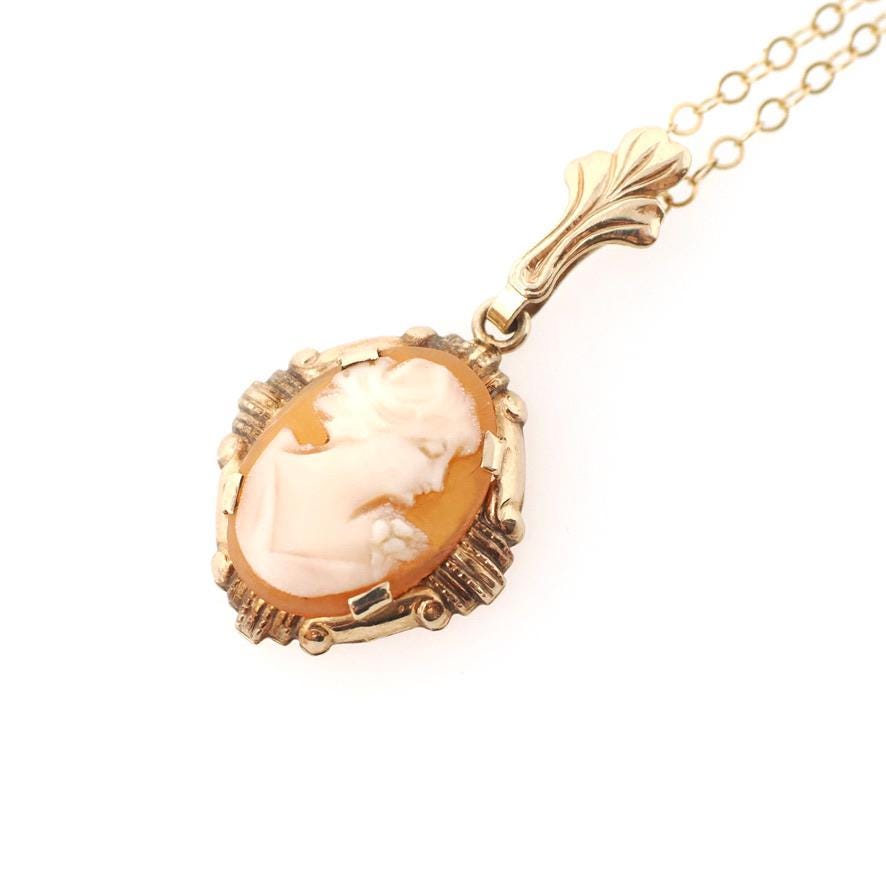 Vintage Cameo Necklace - Retro 10k Yellow Gold Oval Carved Shell Flower Pendant Charm - Circa 1940s Era Scroll Statement Fine Esemco Jewelry