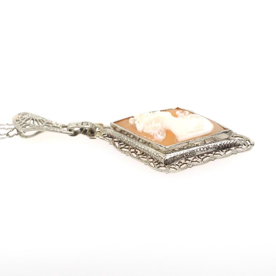 Vintage Cameo Necklace - Art Deco 14k White Gold Carved Shell Kite Pendant - Circa 1930s Era Filigree Flower Paper Clip Chain Fine Jewelry