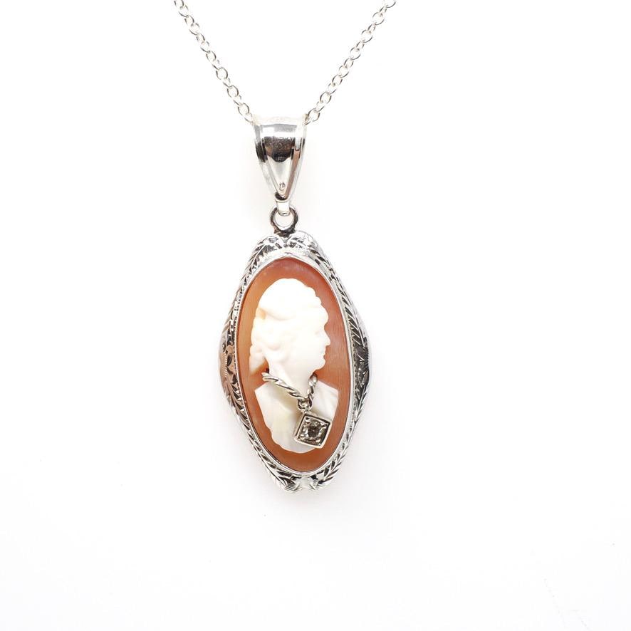 Vintage Cameo Necklace - Art Deco 14k White Gold Carved Shell Pendant Charm - Circa 1930s Habillé Style Diamond Wheat Design Fine Jewelry