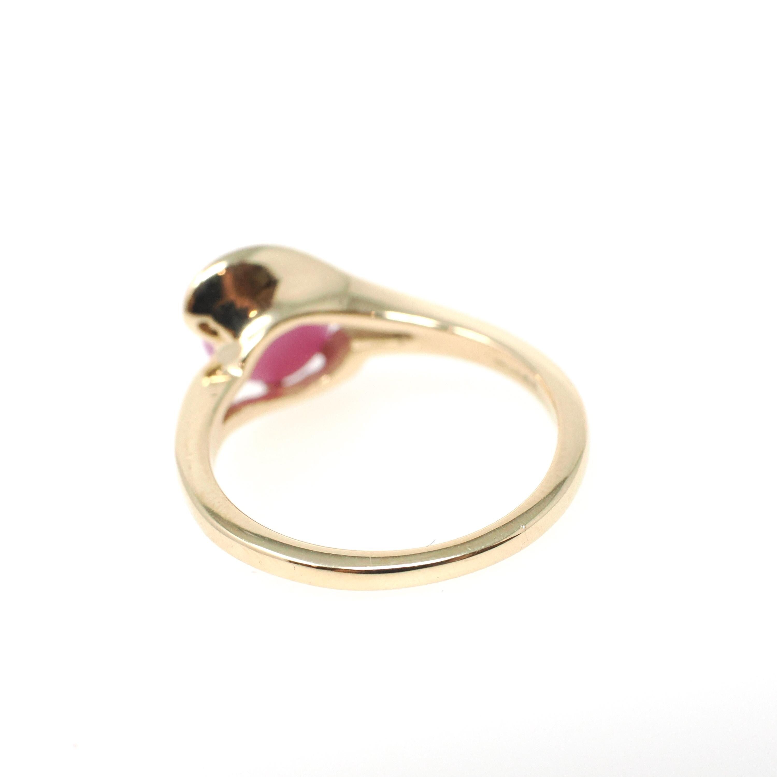 Created Pink Star Sapphire Ring - Retro 14k Yellow Gold Cabochon Gemstone - Vintage Circa 1970s Era Size 6 1/4 Bypass Fine Statement Jewelry