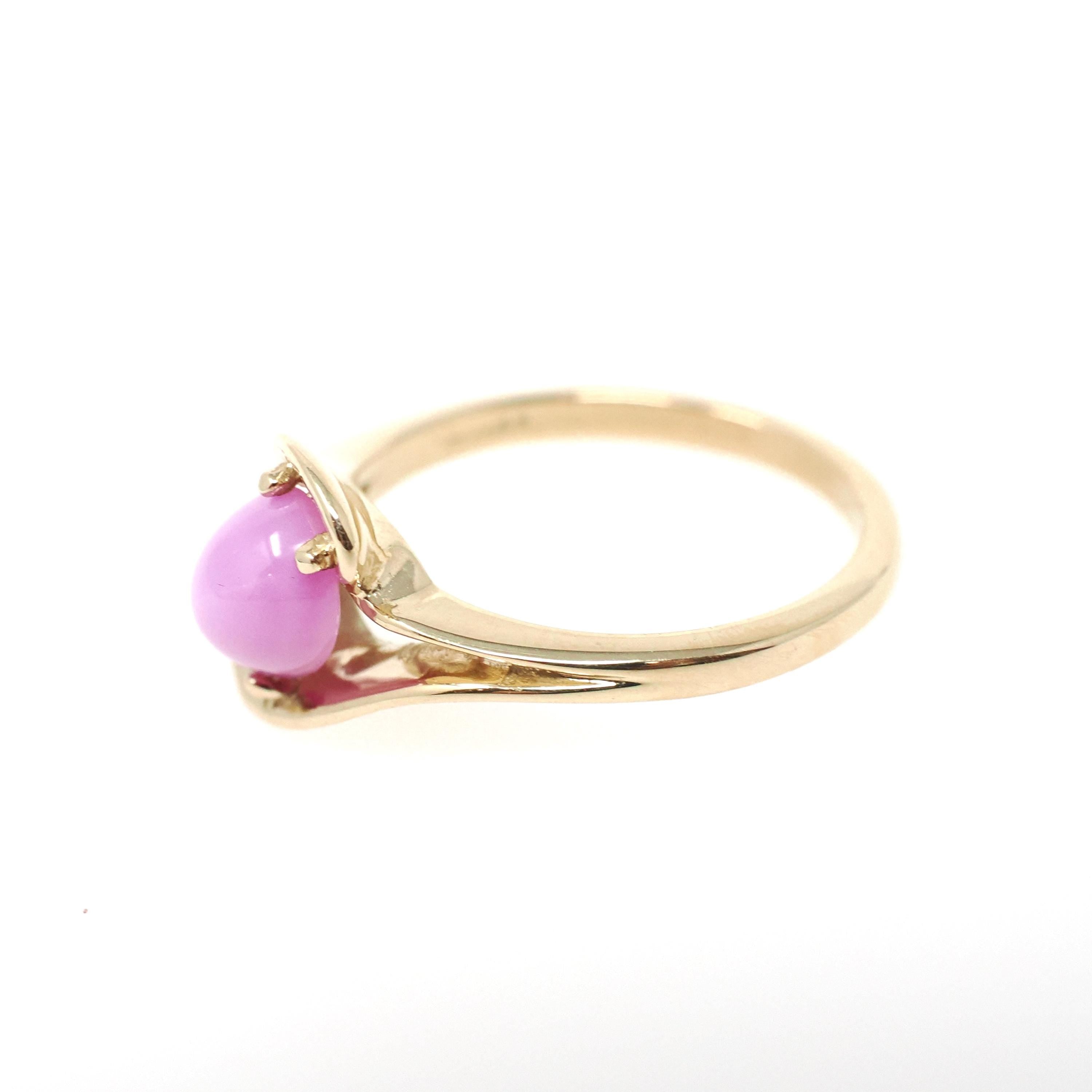 Created Pink Star Sapphire Ring - Retro 14k Yellow Gold Cabochon Gemstone - Vintage Circa 1970s Era Size 6 1/4 Bypass Fine Statement Jewelry