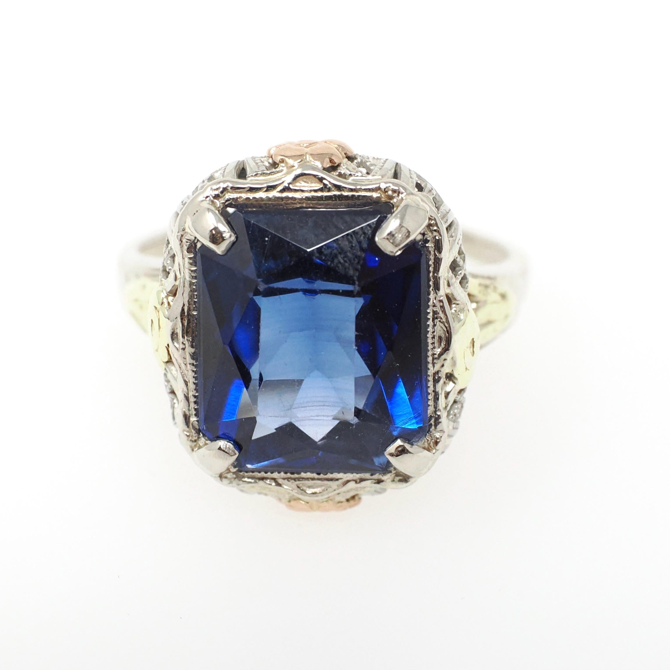 Art Deco Ring - Vintage 14k White Yellow Rose Gold Created Blue Sapphire Solitaire - Circa 1930s Era Size 7 1/2 Floral Filigree Fine Jewelry