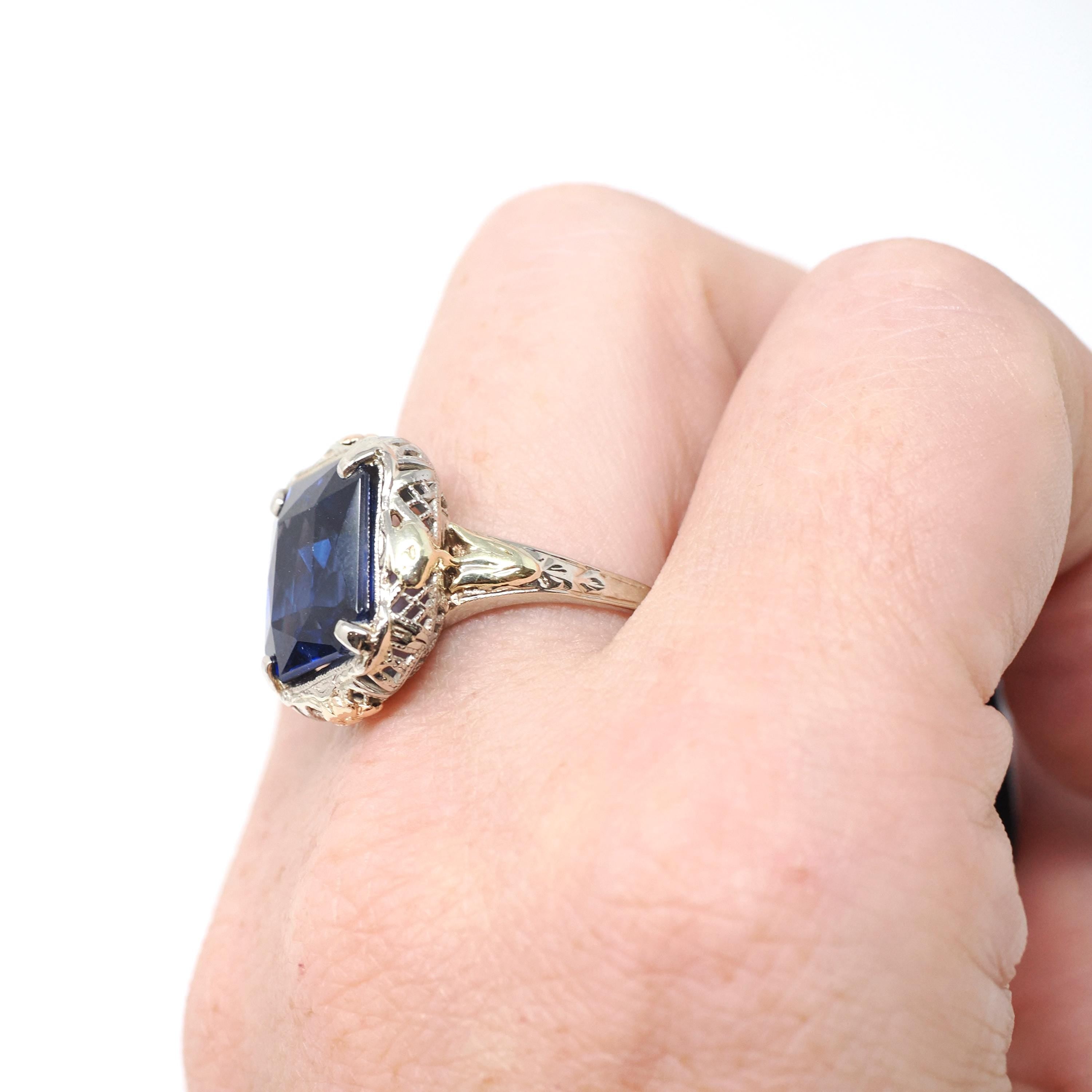 Art Deco Ring - Vintage 14k White Yellow Rose Gold Created Blue Sapphire Solitaire - Circa 1930s Era Size 7 1/2 Floral Filigree Fine Jewelry