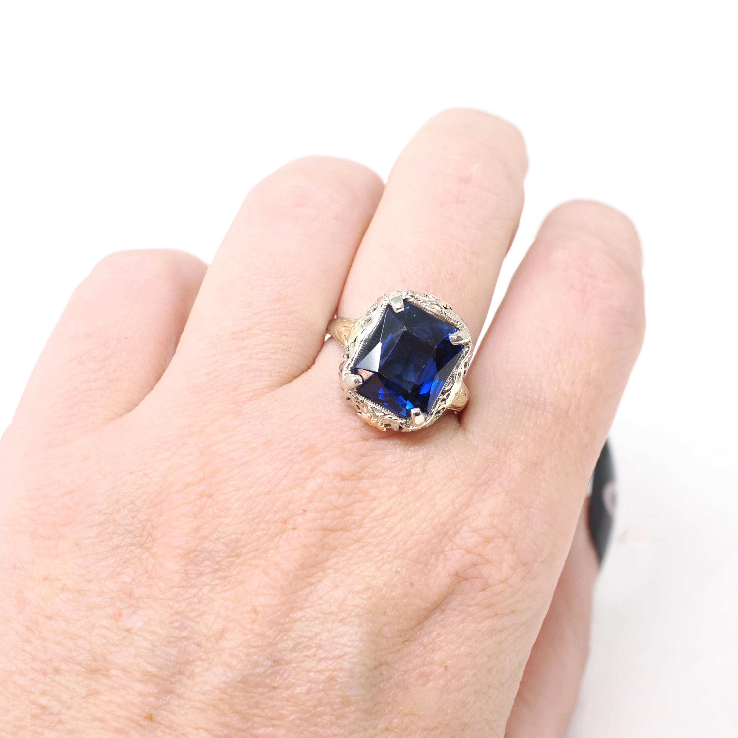 Art Deco Ring - Vintage 14k White Yellow Rose Gold Created Blue Sapphire Solitaire - Circa 1930s Era Size 7 1/2 Floral Filigree Fine Jewelry