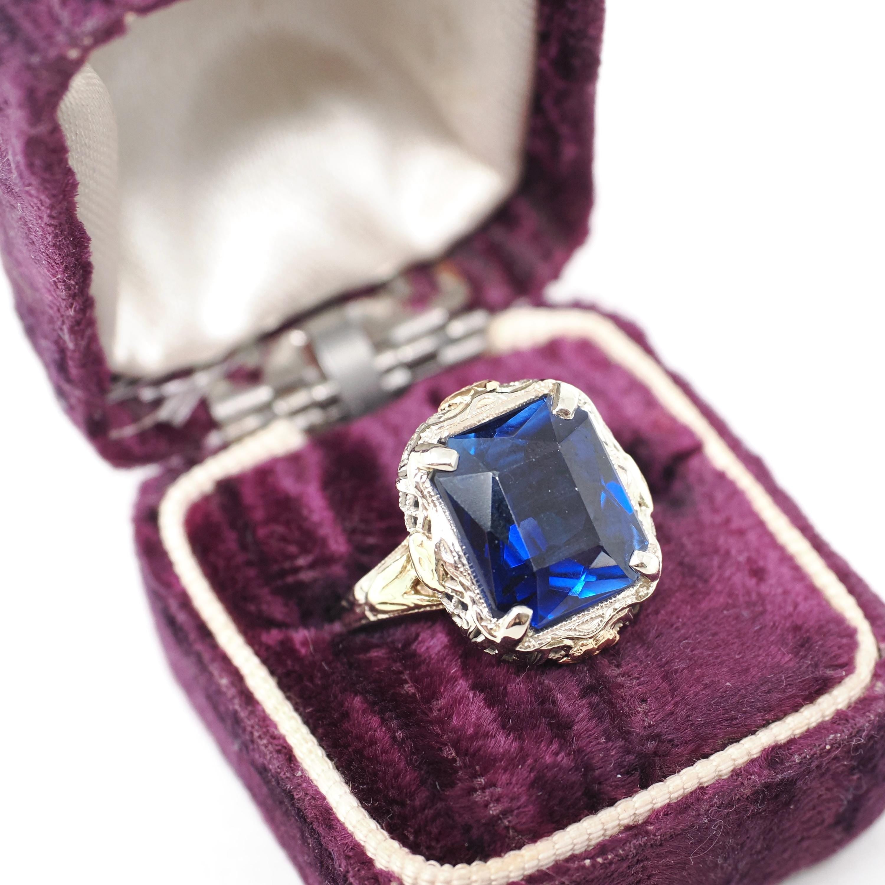 Art Deco Ring - Vintage 14k White Yellow Rose Gold Created Blue Sapphire Solitaire - Circa 1930s Era Size 7 1/2 Floral Filigree Fine Jewelry