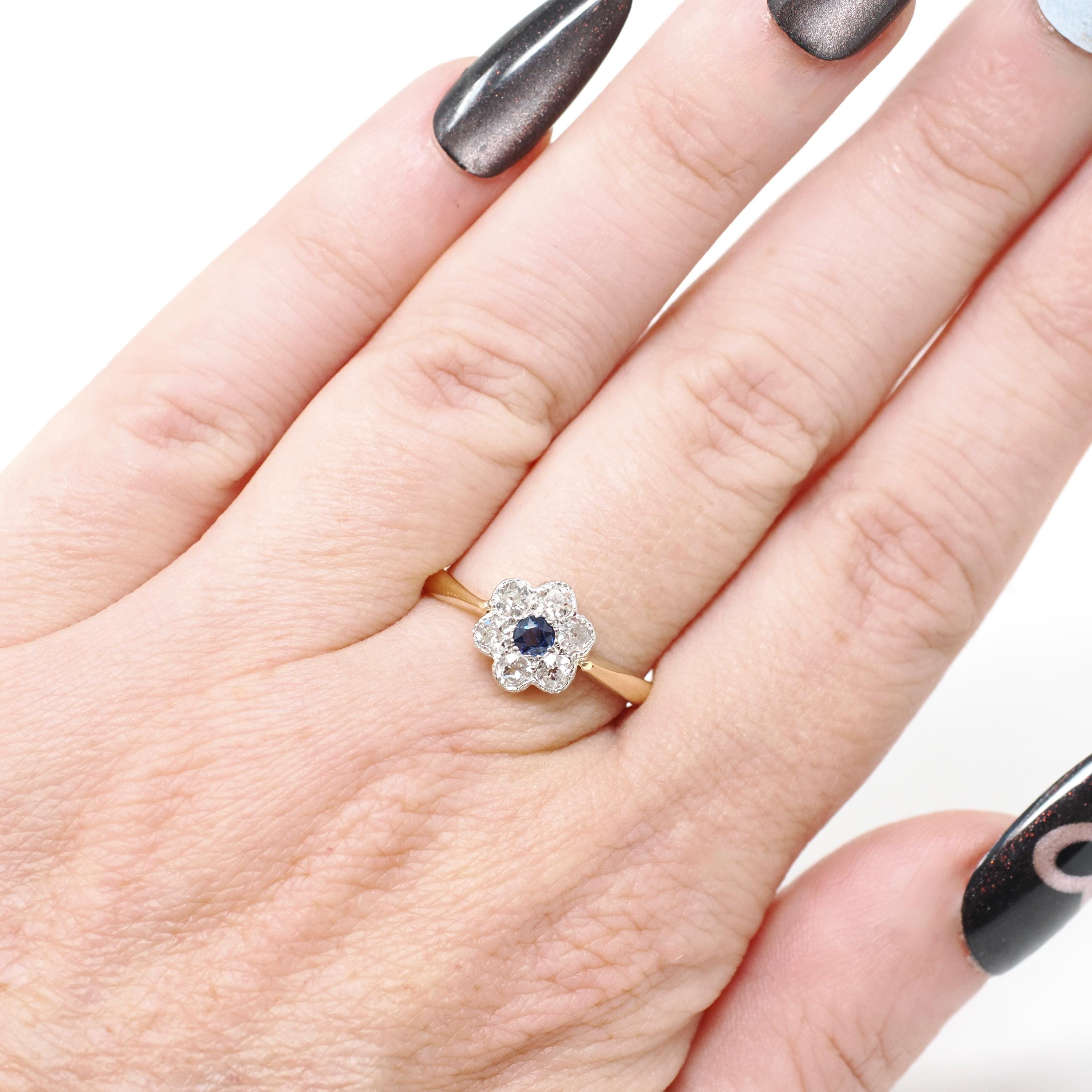 Antique Flower Ring - Edwardian 18k Yellow Gold & Platinum Blue Sapphire Gemstone .39 CTW Diamonds - Circa 1910s Size 7.5 Halo Fine Jewelry