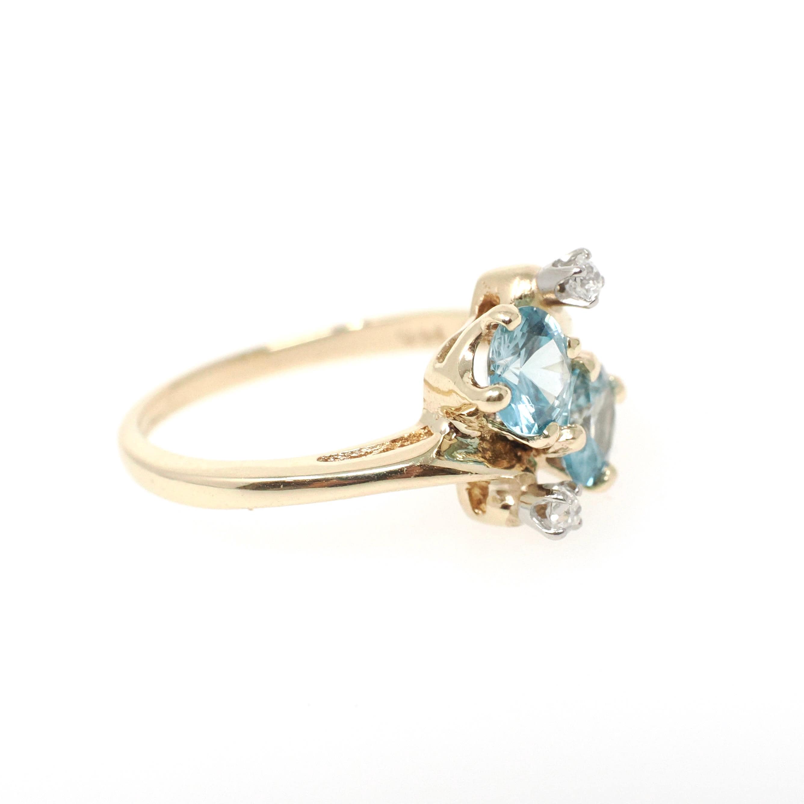 Vintage Toi et Moi Ring - Retro 14k Yellow Gold Natural Blue Zircon Diamonds Gemstones Bypass - Circa 1940s Size 5 1/2 December Fine Jewelry