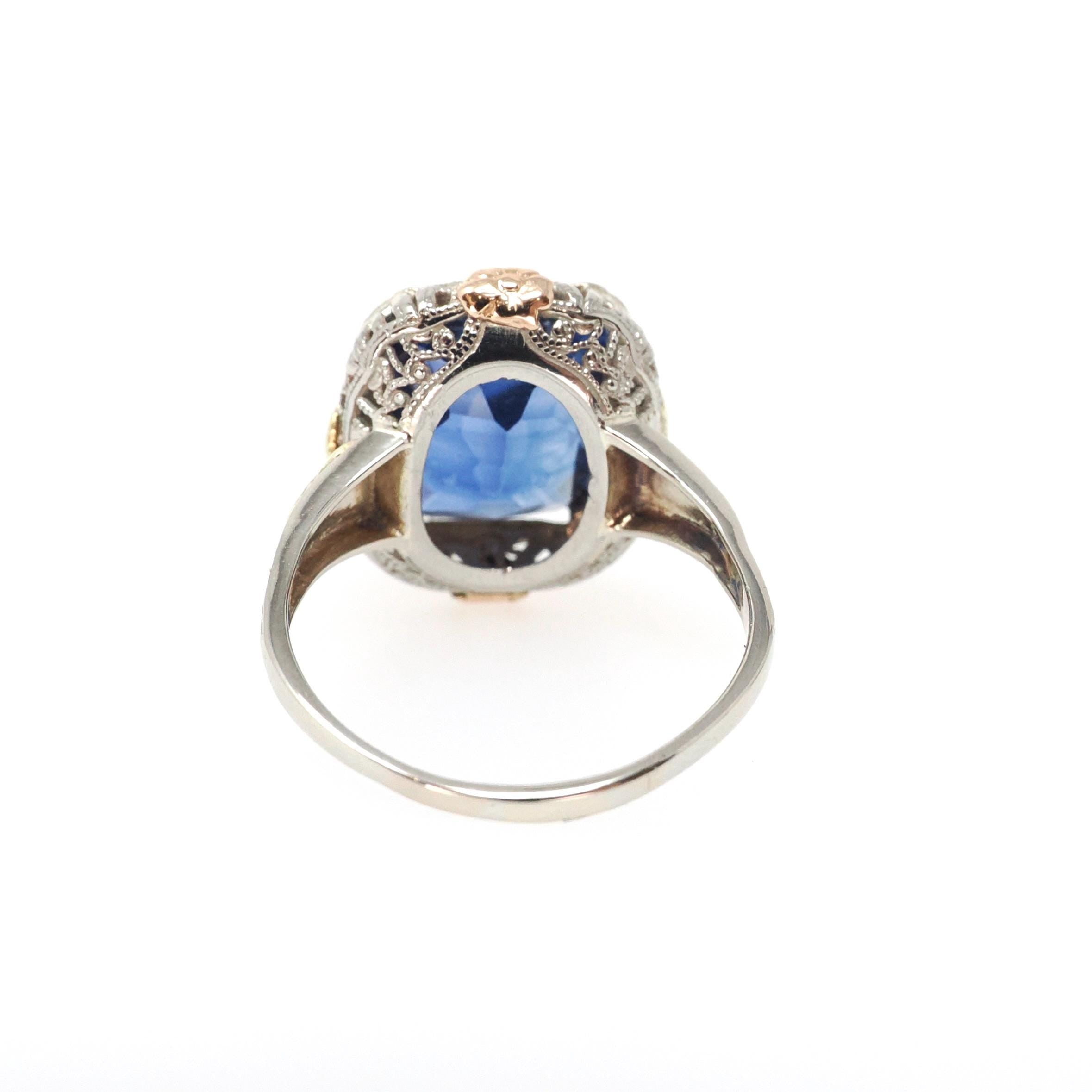 Art Deco Ring - Vintage 14k White Yellow Rose Gold Created Blue Sapphire Solitaire - Circa 1930s Era Size 7 1/2 Floral Filigree Fine Jewelry