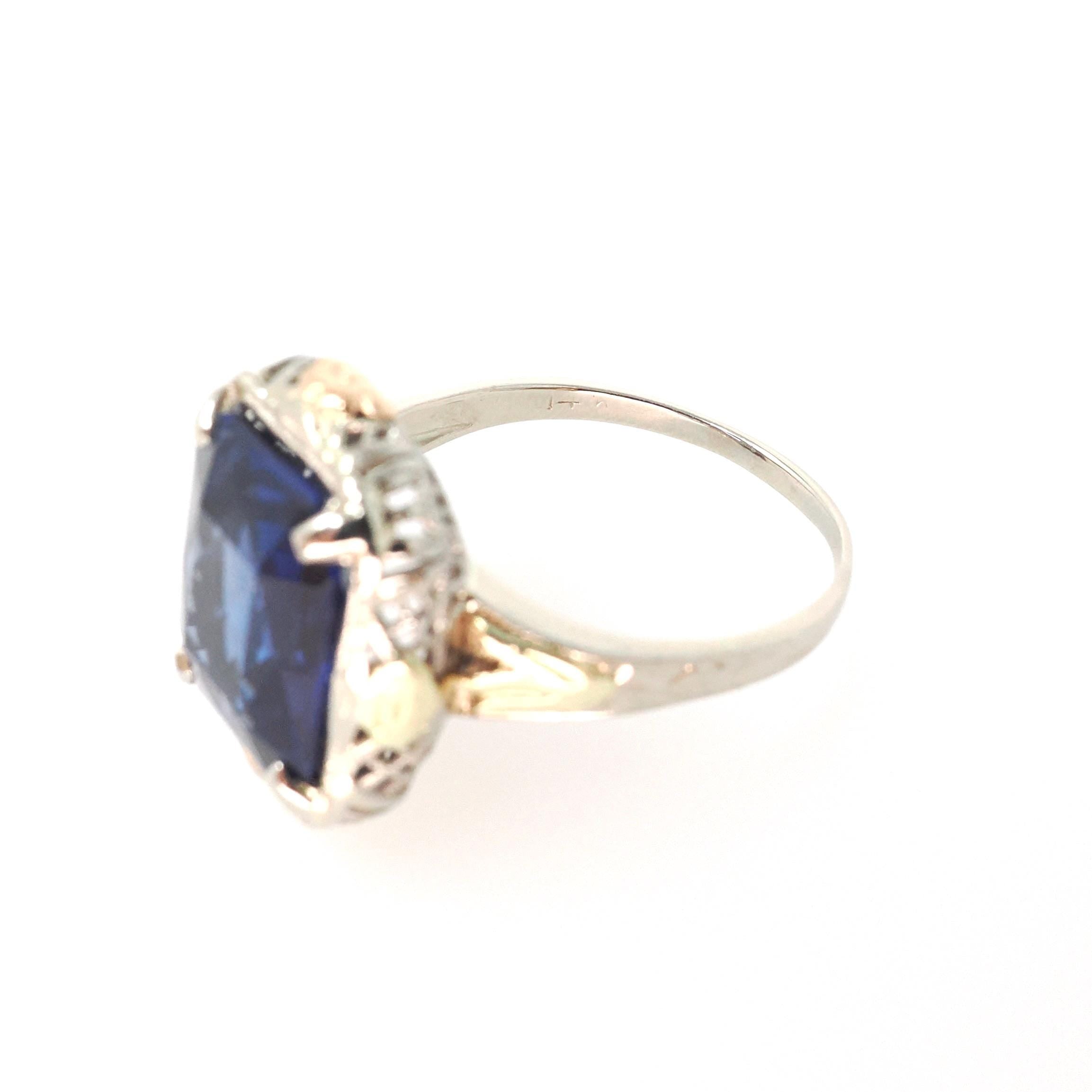 Art Deco Ring - Vintage 14k White Yellow Rose Gold Created Blue Sapphire Solitaire - Circa 1930s Era Size 7 1/2 Floral Filigree Fine Jewelry