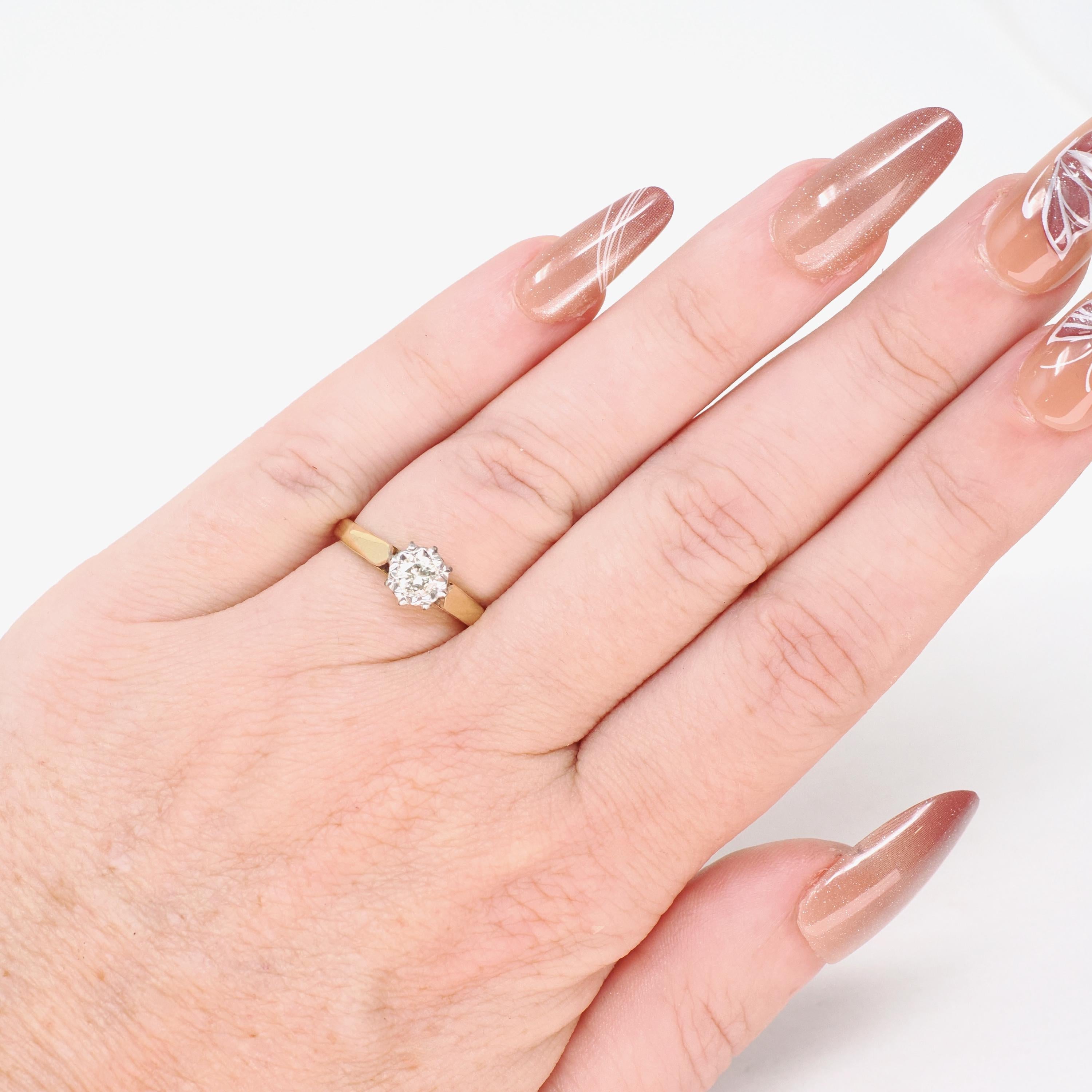 Star Incised Diamond Ring - Modernist 18k Yellow & White Gold Natural .21 CT Solitaire - Hallmarked 1966 Size 4 3/4 Fine London Jewelry