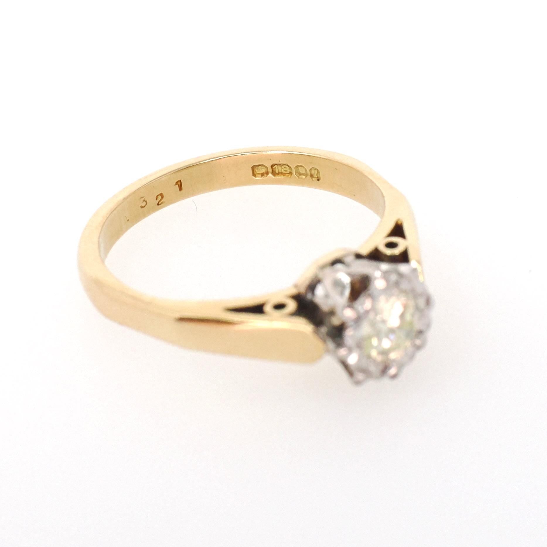 Star Incised Diamond Ring - Modernist 18k Yellow & White Gold Natural .21 CT Solitaire - Hallmarked 1966 Size 4 3/4 Fine London Jewelry