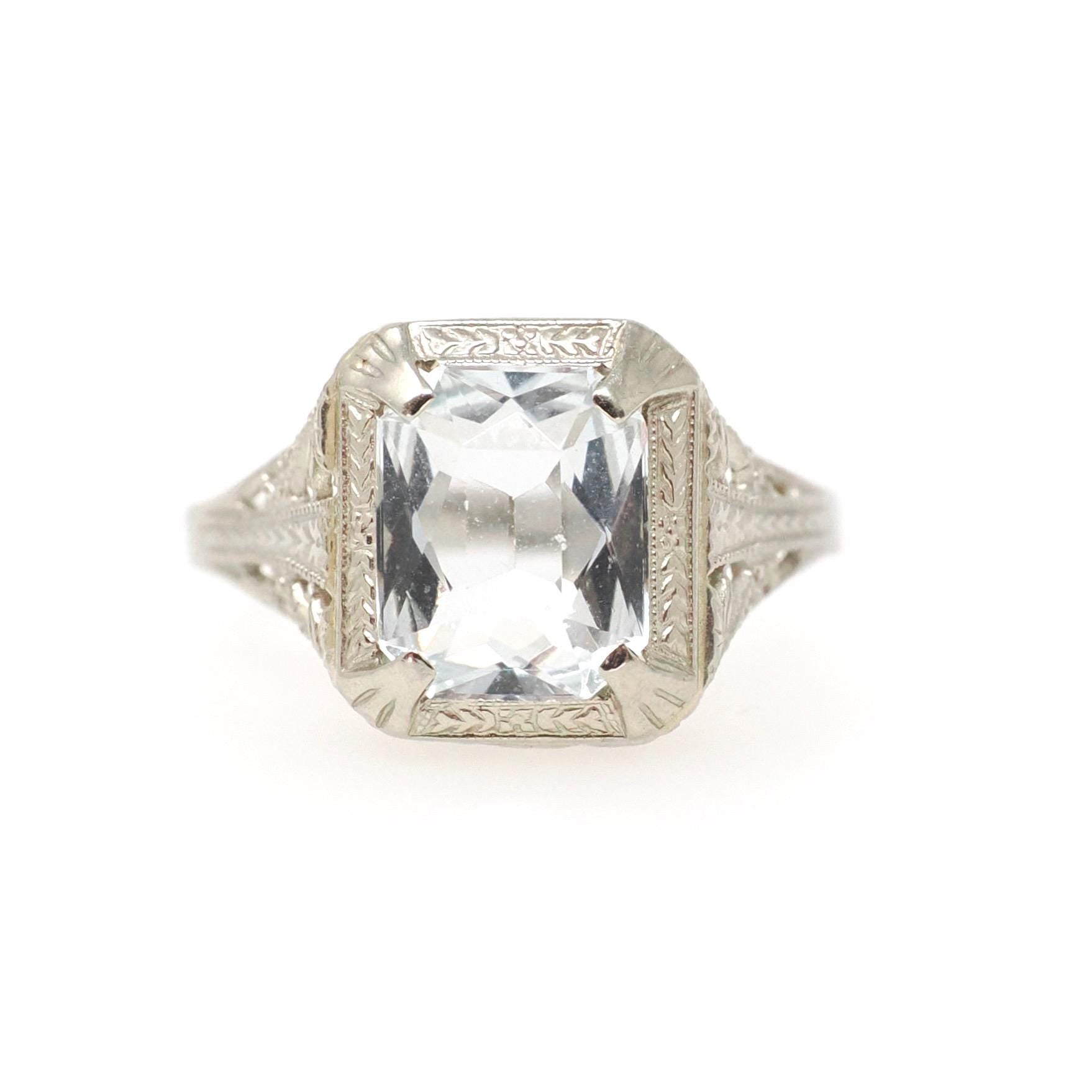Vintage Aquamarine Ring - Art Deco 14k White Gold French Cut Natural Blue 1.20 CT Gem - Circa 1930s Era Size 6 1/4 Filigree Fine OB Jewelry