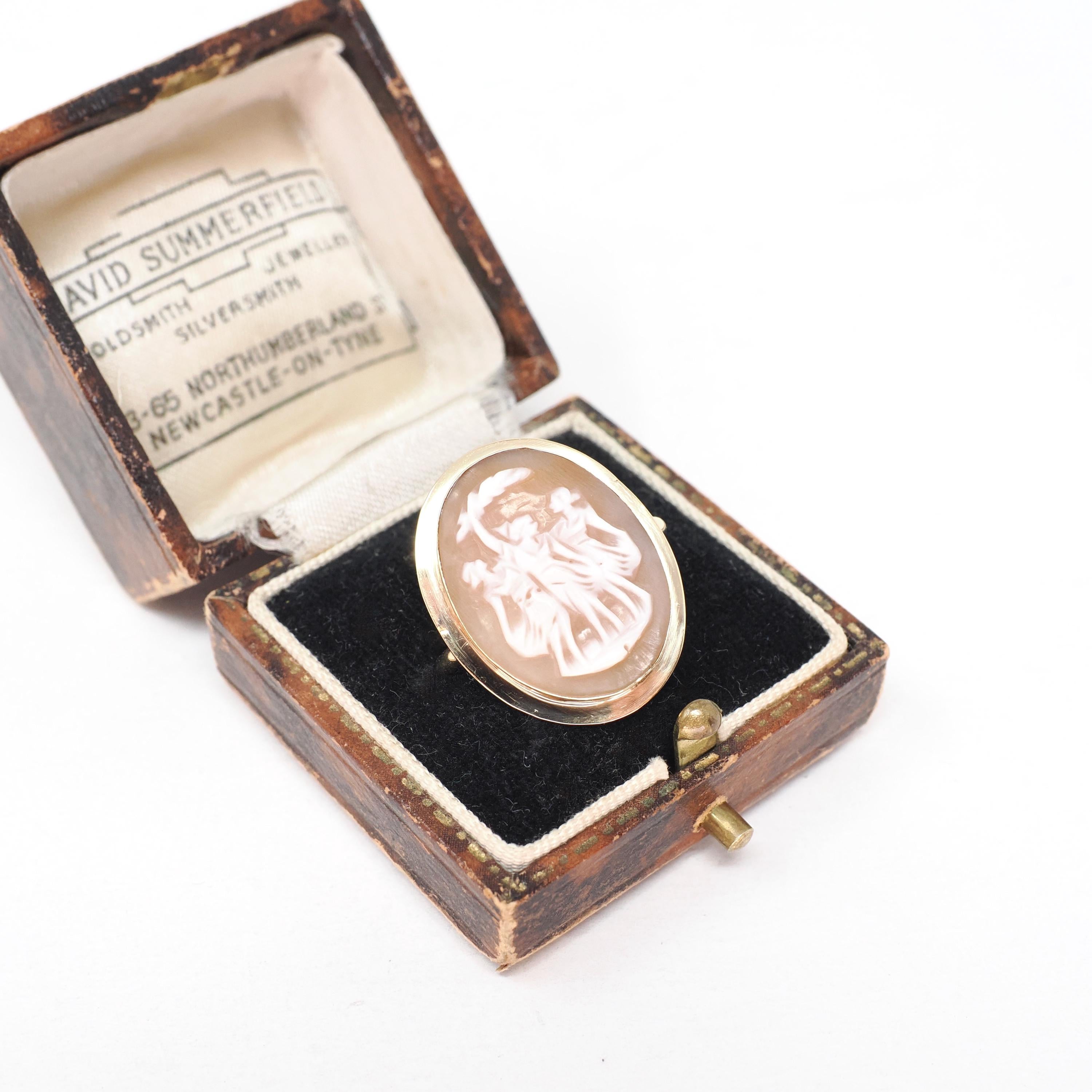 Vintage Three Graces Cameo Ring - Mid Century 18k Yellow Gold Carved Shell Greek Mythology Solitaire - Circa 1960s Size 6 3/4 Fine Jewelry