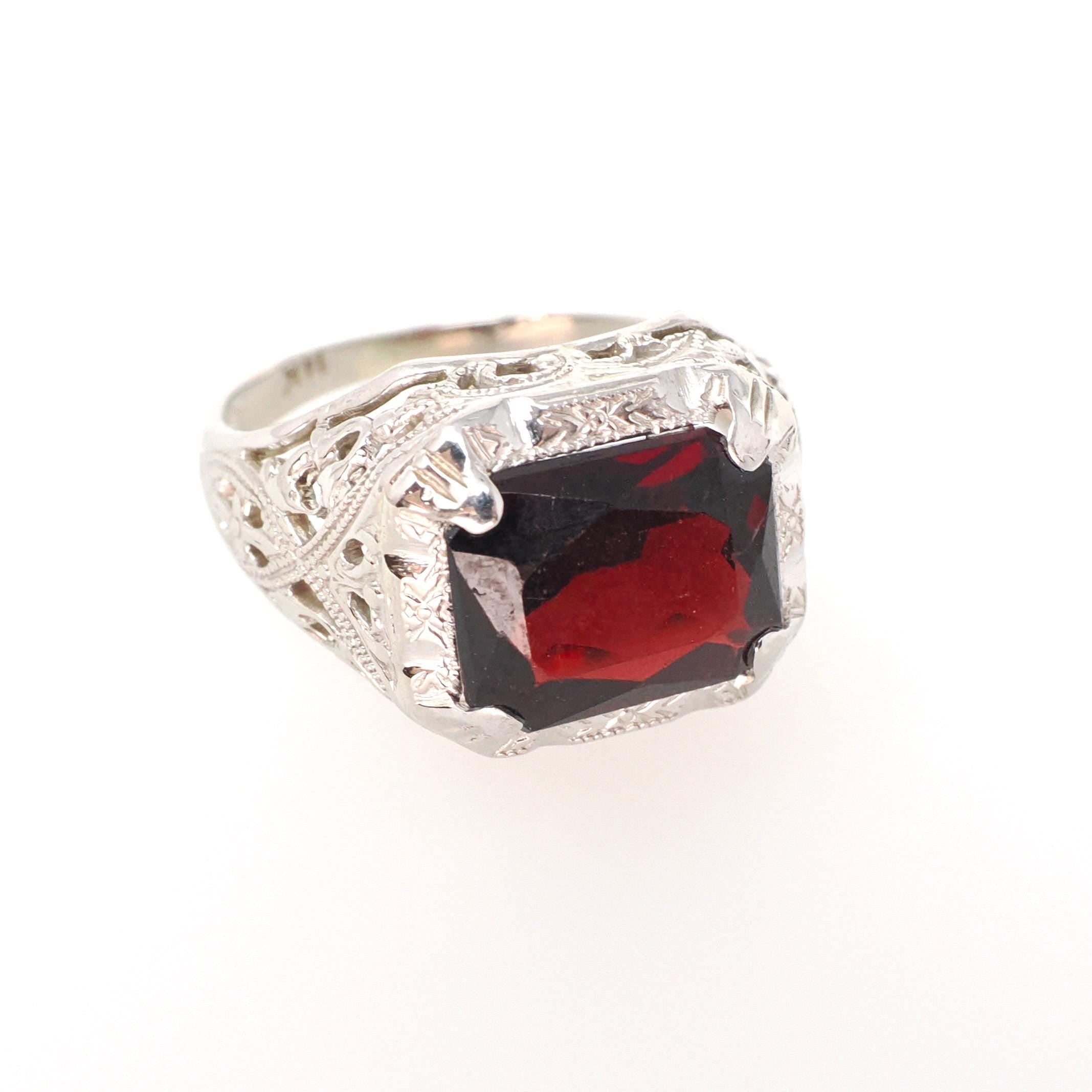 Vintage Garnet Ring - Art Deco 14k White Gold Natural Red Gemstone - Circa 1930s Era Size 4 1/2 January Birthstone Filigree Fine Jewelry