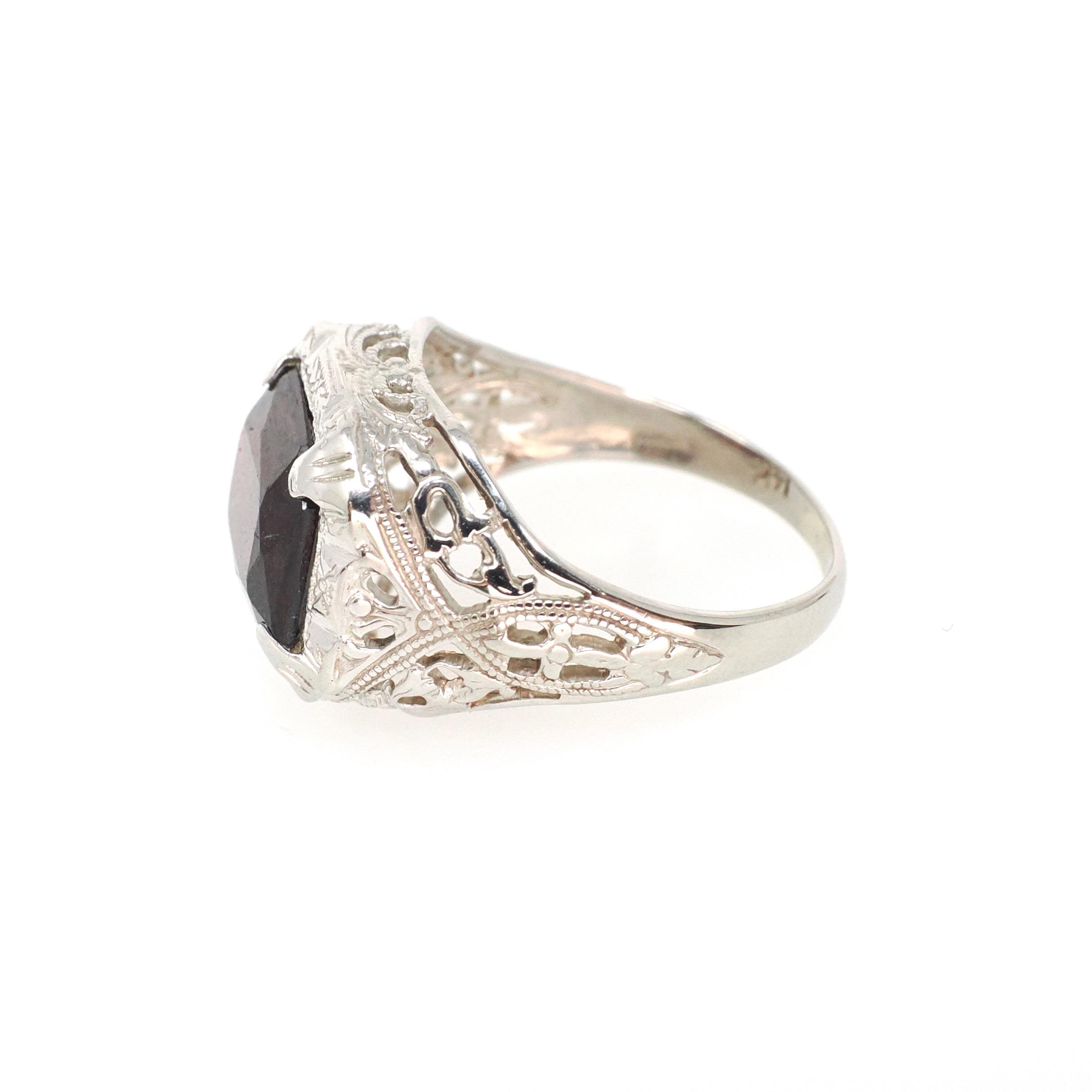 Vintage Garnet Ring - Art Deco 14k White Gold Natural Red Gemstone - Circa 1930s Era Size 4 1/2 January Birthstone Filigree Fine Jewelry