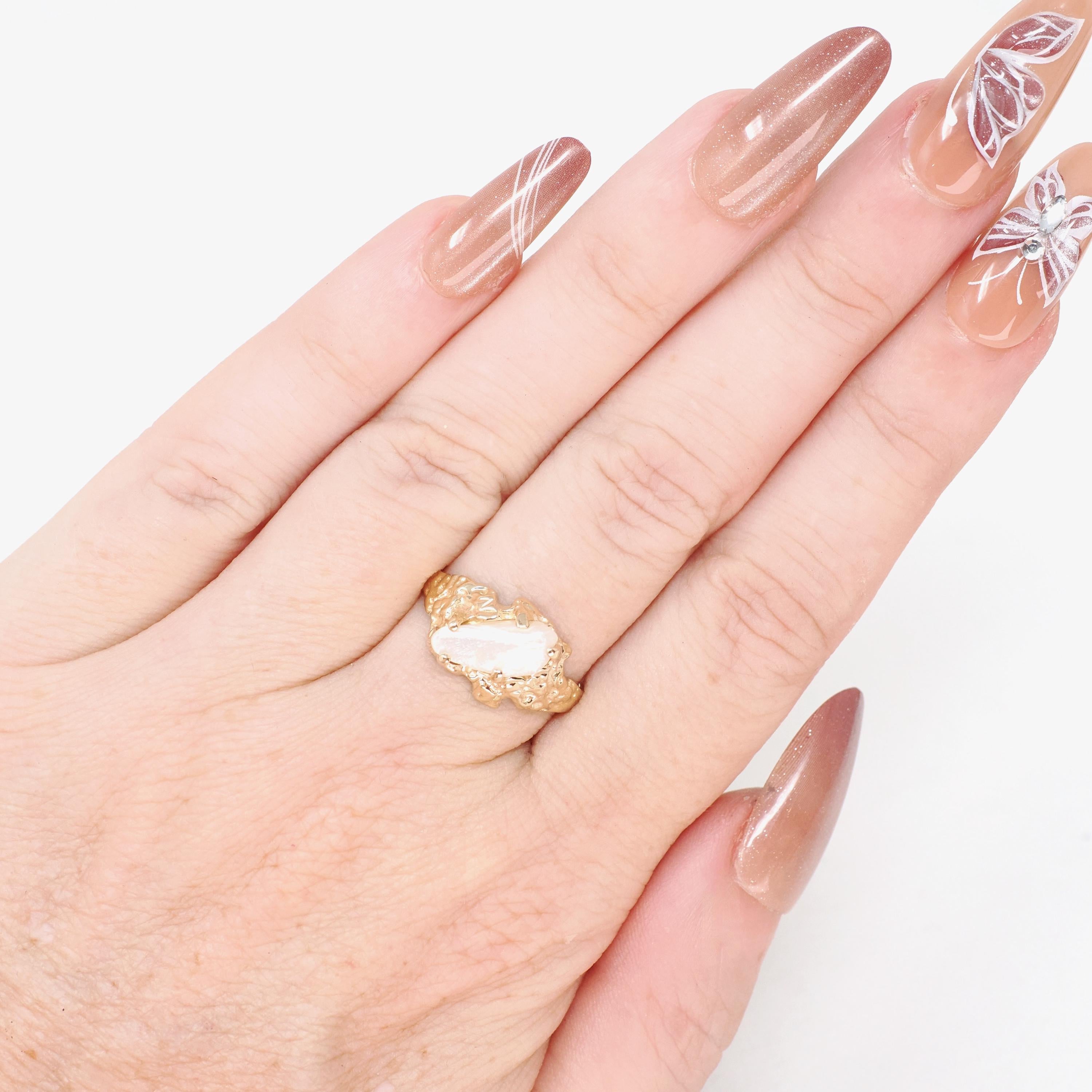 Vintage Baroque Pearl Ring - Estate 10k Yellow Gold Organic White Gemstone Brutalist Textured Statement - Circa 1980s Size 6.25 Fine Jewelry