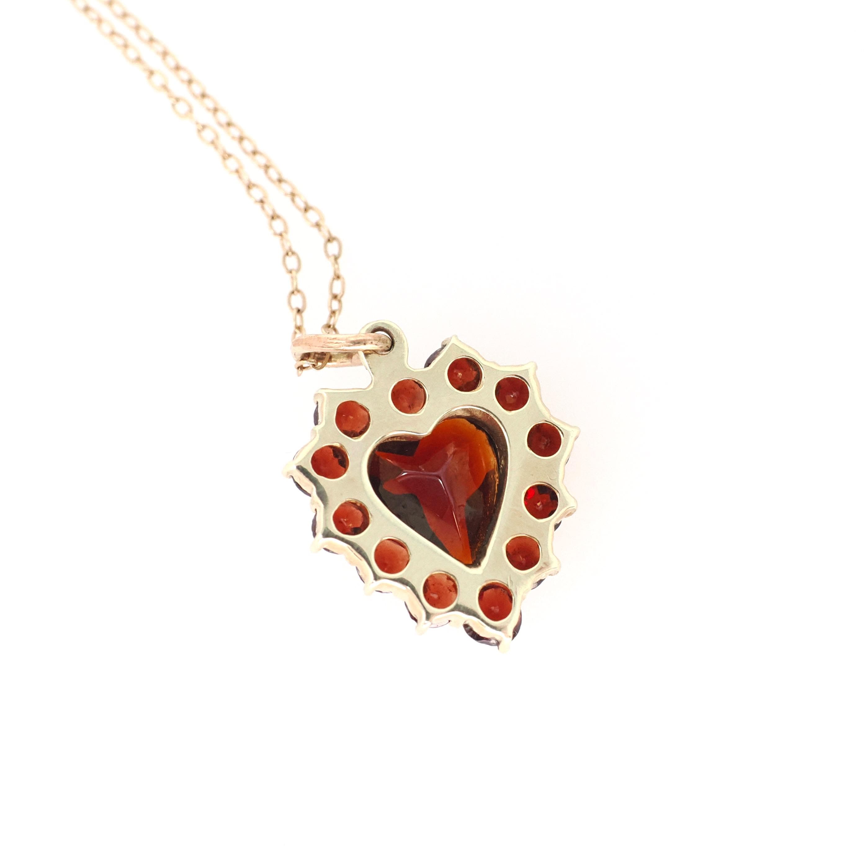 Garnet Heart Necklace - Vintage 10k Yellow Gold Red Gemstone Cluster Halo Pendant - Mid Century Circa 1940s January Birthstone Fine Jewelry