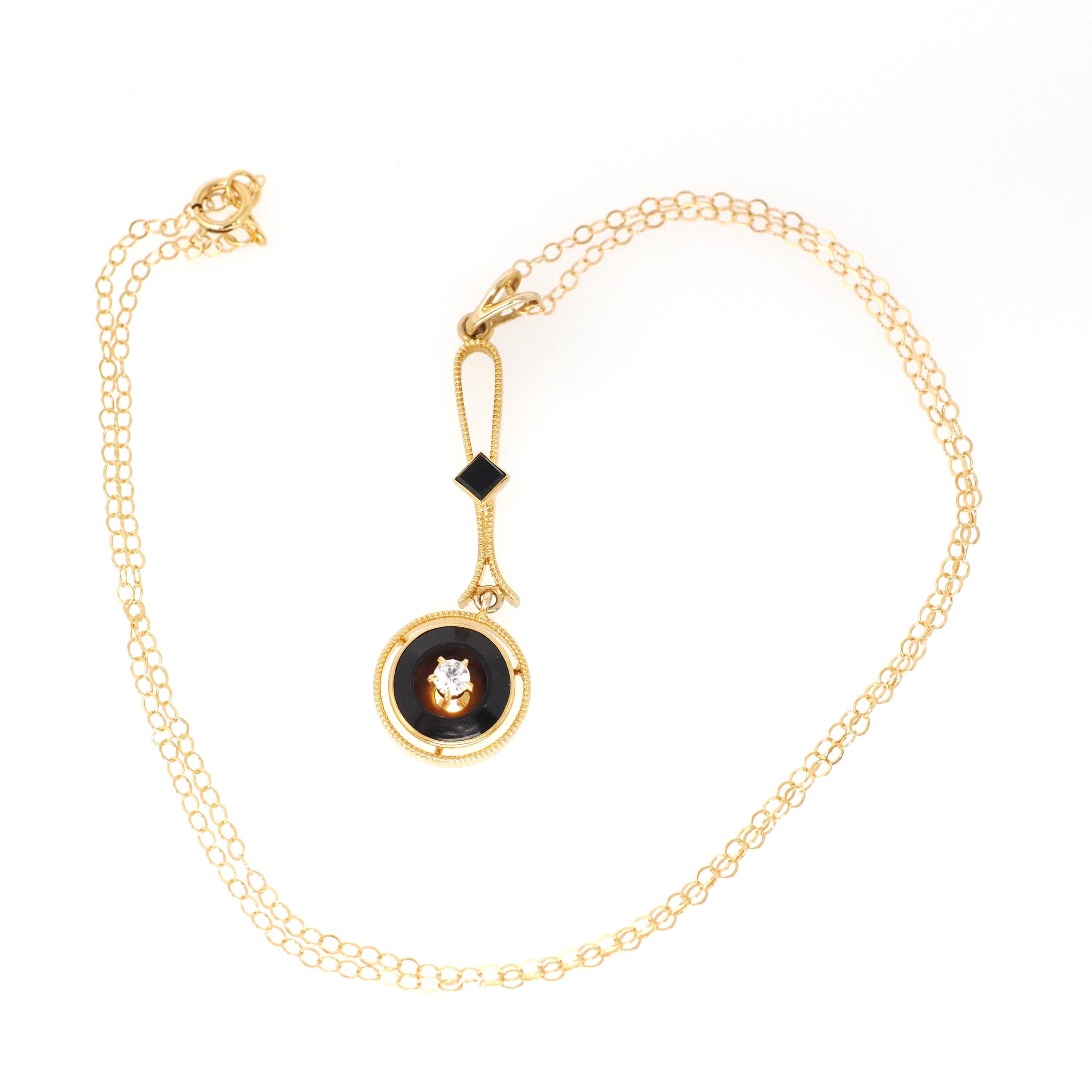 Antique Lavalier Necklace - Edwardian 10k Yellow Gold Created White Sapphire & Dark Sard Pendant - Circa 1910s Era Fine Statement Jewelry