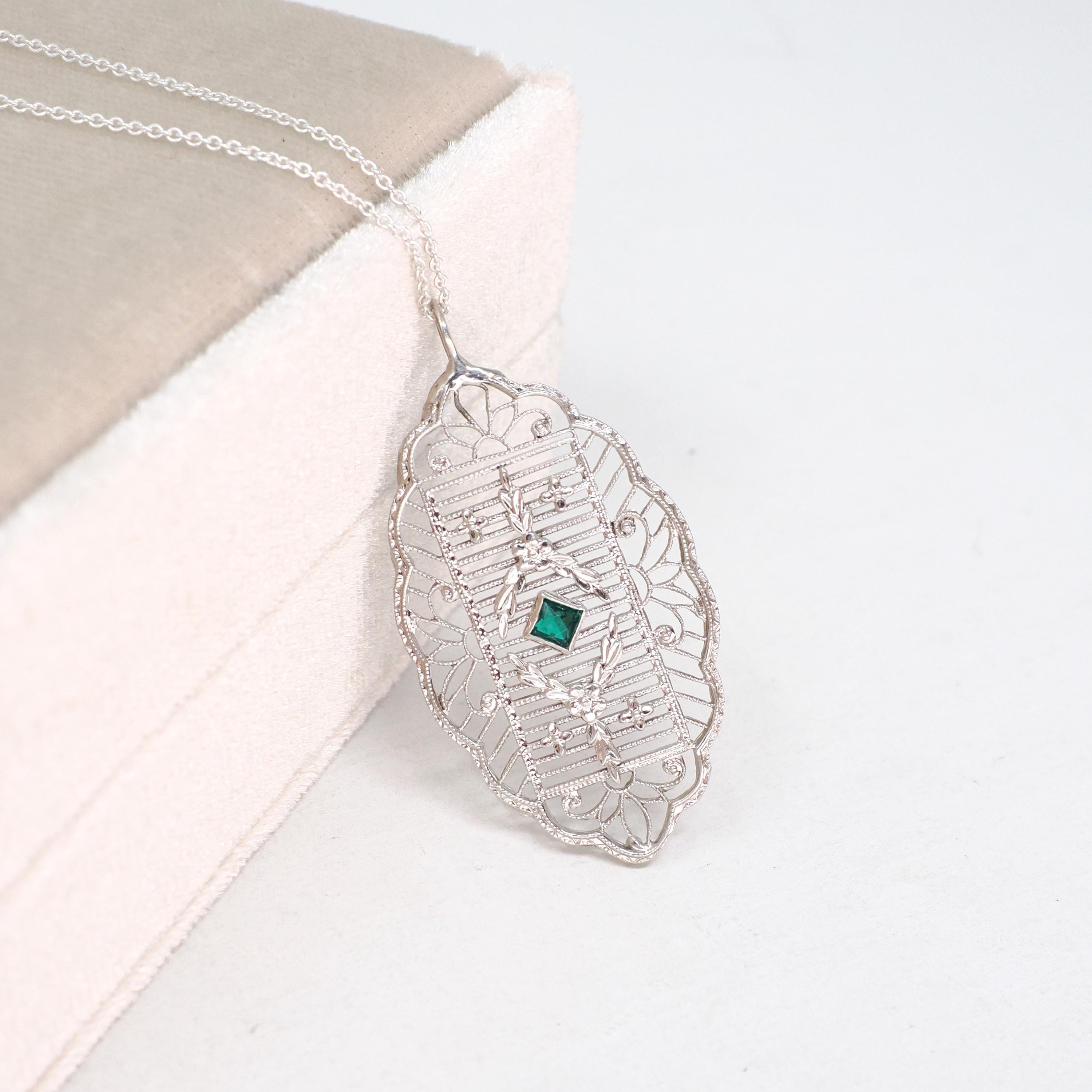 Art Deco Pendant Necklace - Antique 10k White Gold Simulated Emerald Green Glass Conversion - Circa 1920s Statement Filigree Fine Jewelry