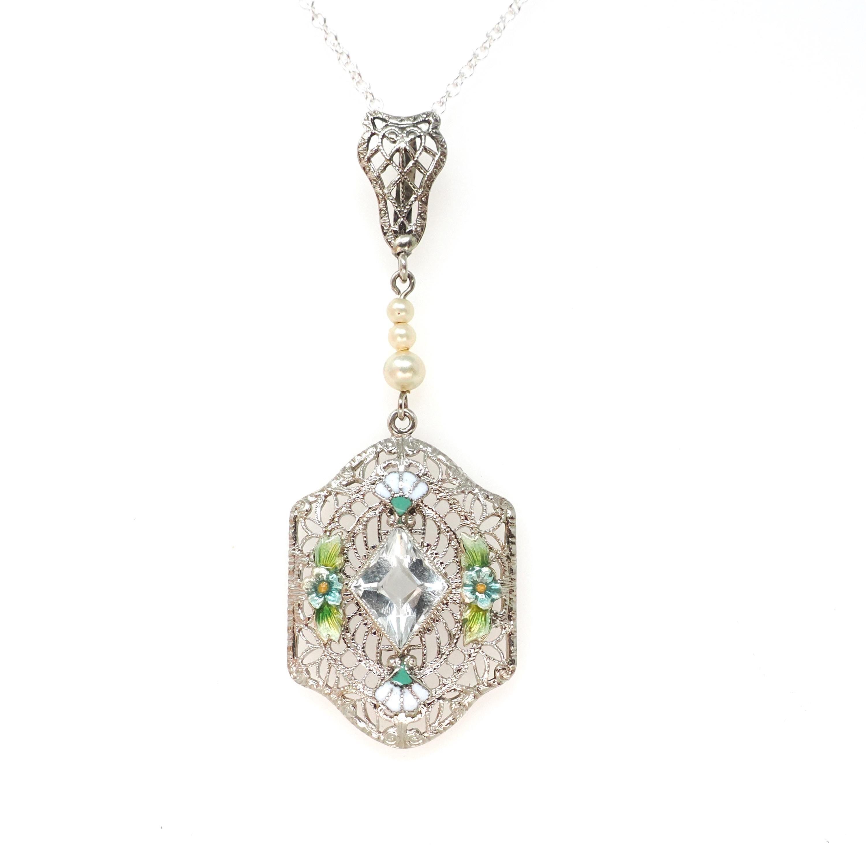 Art Deco Aquamarine Lavalier - Vintage 14k White Gold Filigree Natural Blue Gemstone Flower Enamel Simulated Pearls - Circa 1920s Jewelry