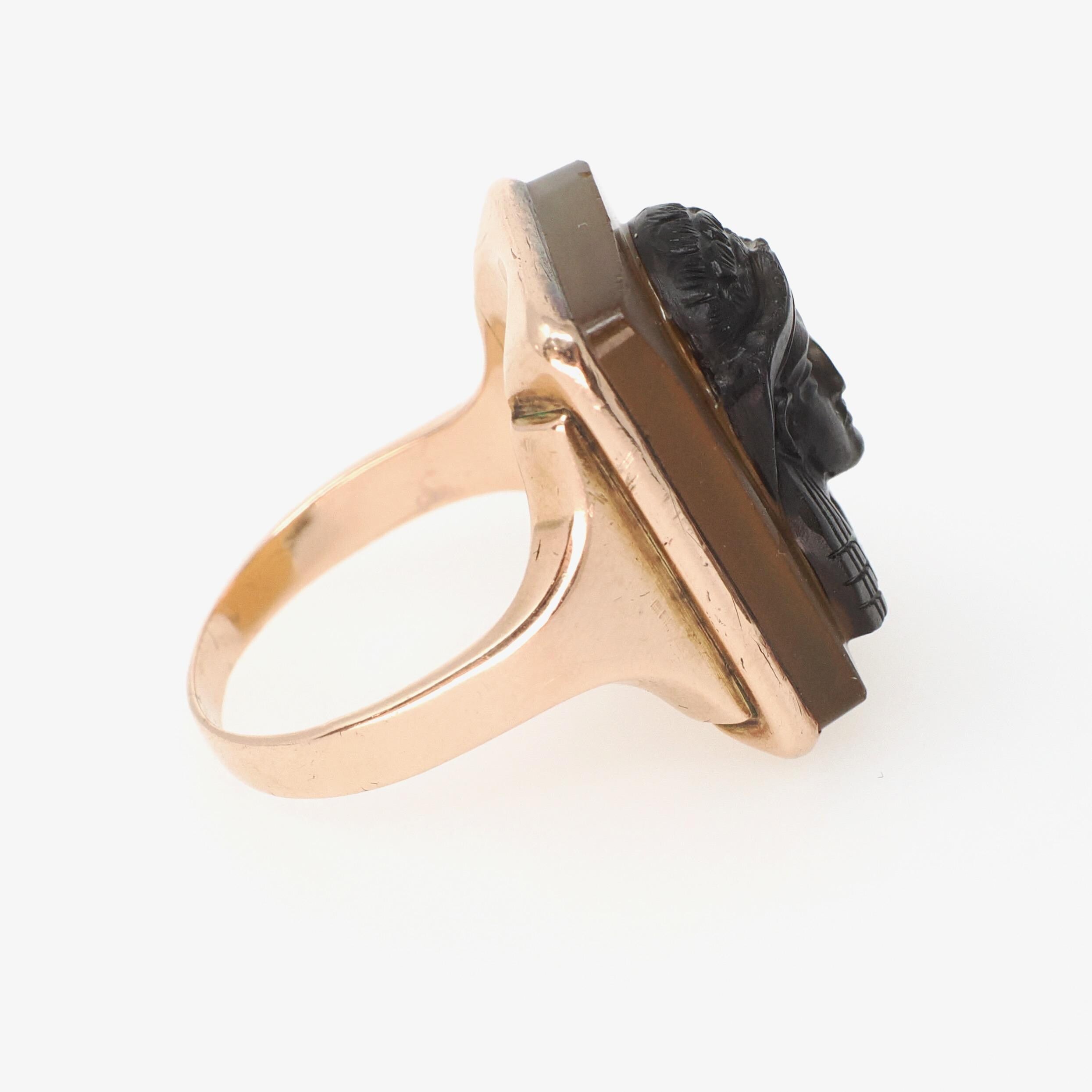 Victorian Cameo Ring - Antique 14k Rose Gold Egyptian Figure Carved Brown Black Agate - Circa 1890s Era Size 11 Fine Unisex Revival Jewelry