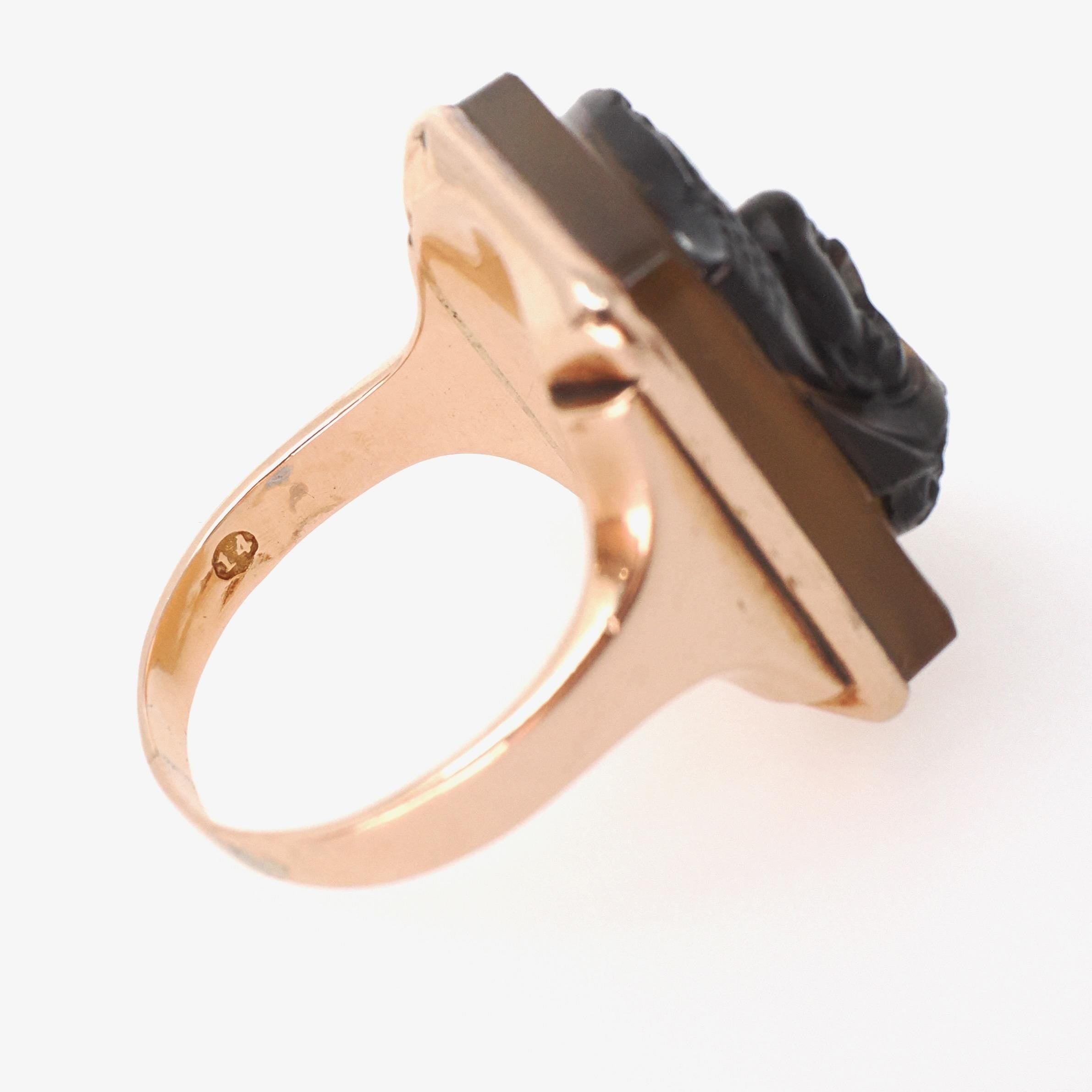 Victorian Cameo Ring - Antique 14k Rose Gold Egyptian Figure Carved Brown Black Agate - Circa 1890s Era Size 11 Fine Unisex Revival Jewelry