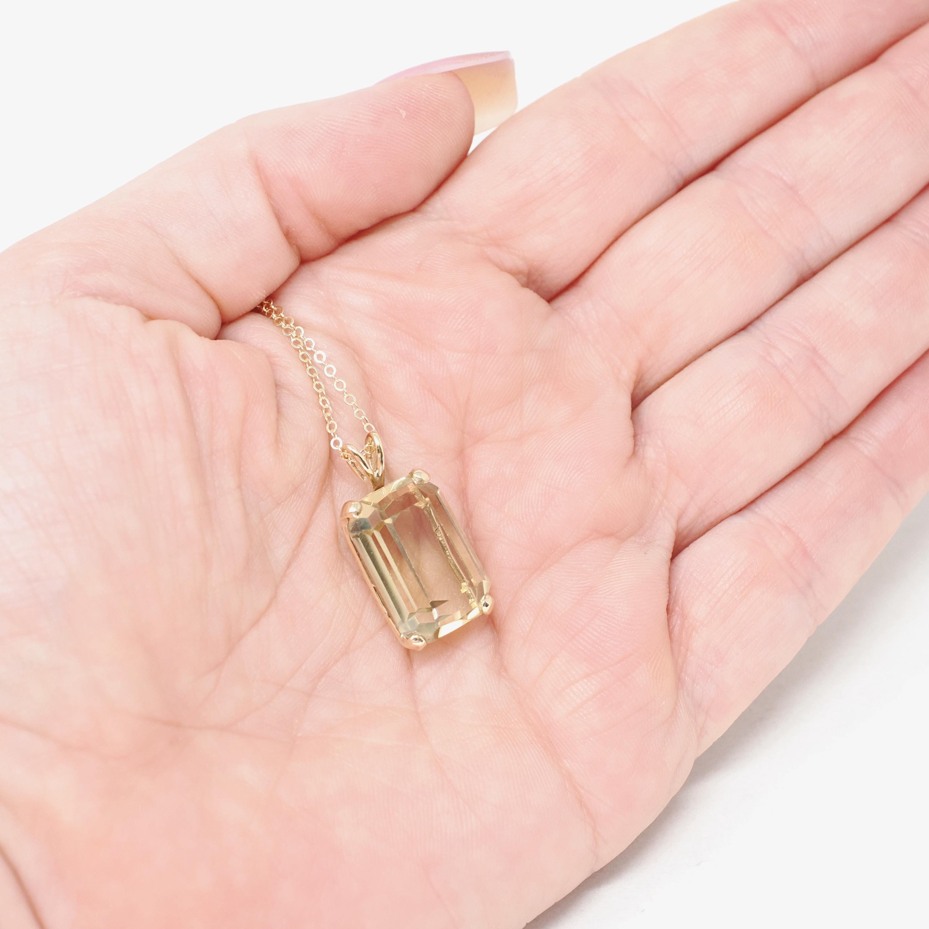 Modern Citrine Pendant - Estate 14k Yellow Gold Emerald Cut 9.05 CT Natural Gemstone Necklace - Circa 2000s Fine November Birthstone Jewelry