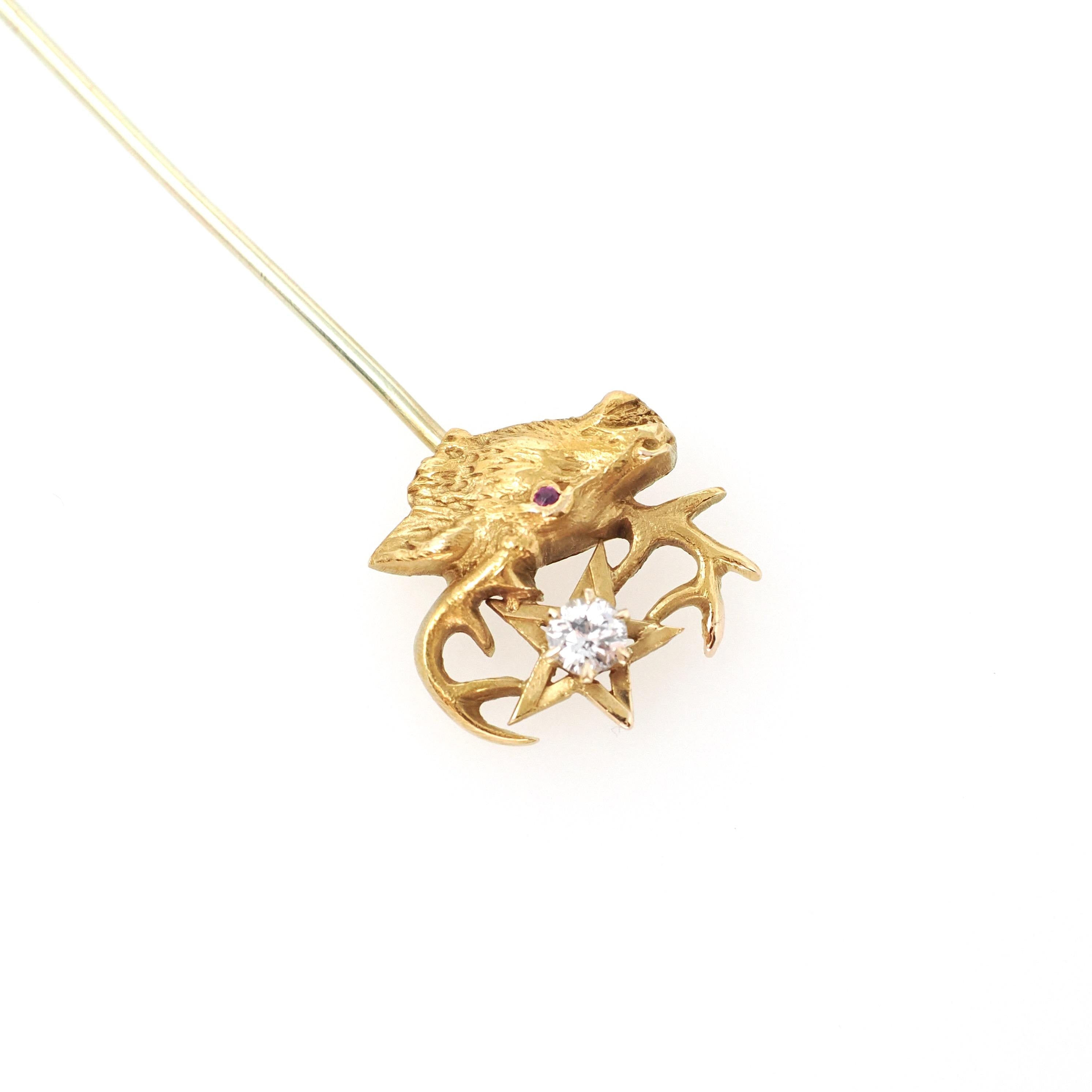 Antique Elk Stick Pin - Edwardian 14k Yellow Gold .15 CT Old European Cut Diamond Star - Circa 1900s Ruby Eye Jolly Cork Deer Animal Jewelry