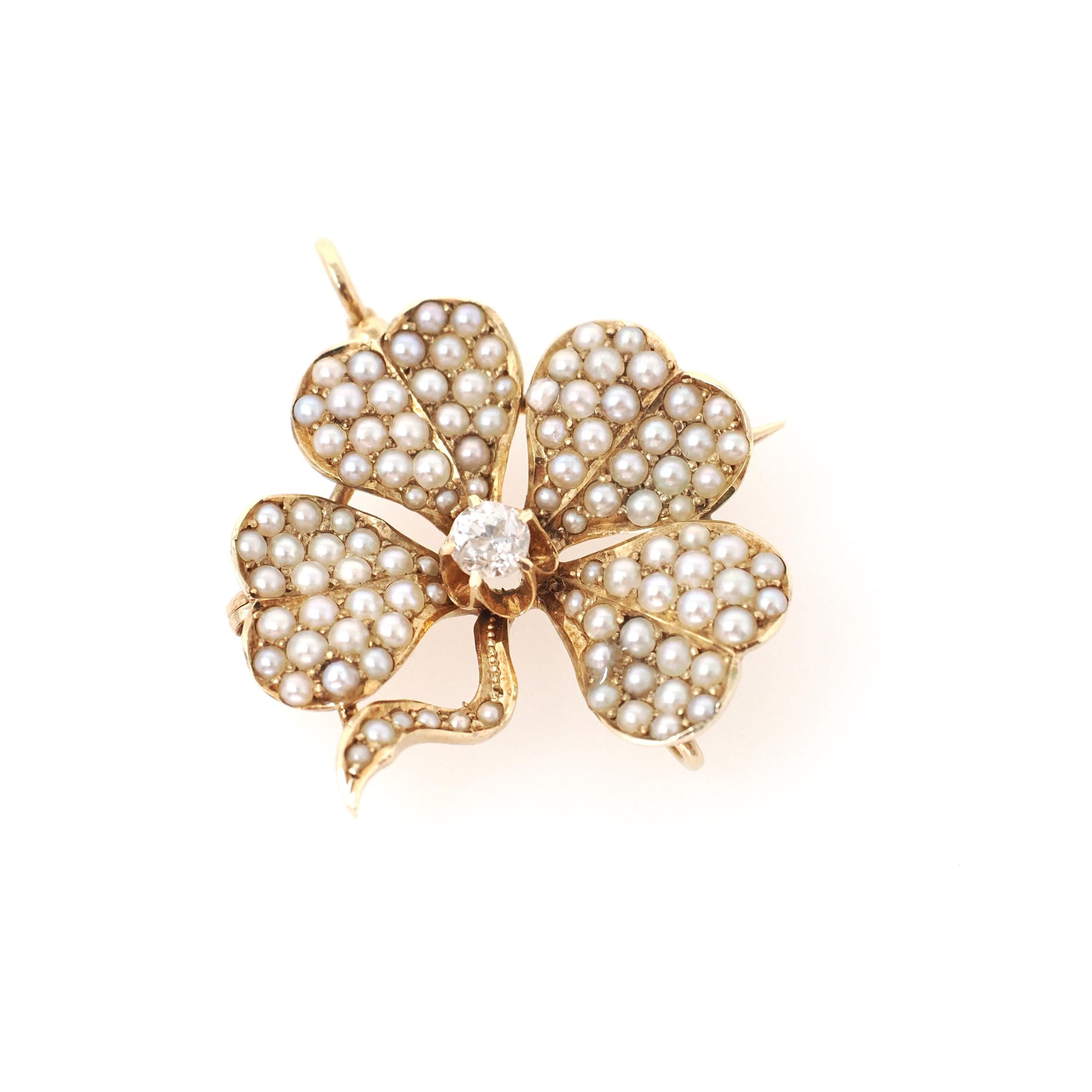 Antique Four Leaf Clover Brooch - Edwardian 14k Yellow Gold Natural Diamond & Seed Pearl Pendant Necklace - Circa Early 1900s Fine Jewelry