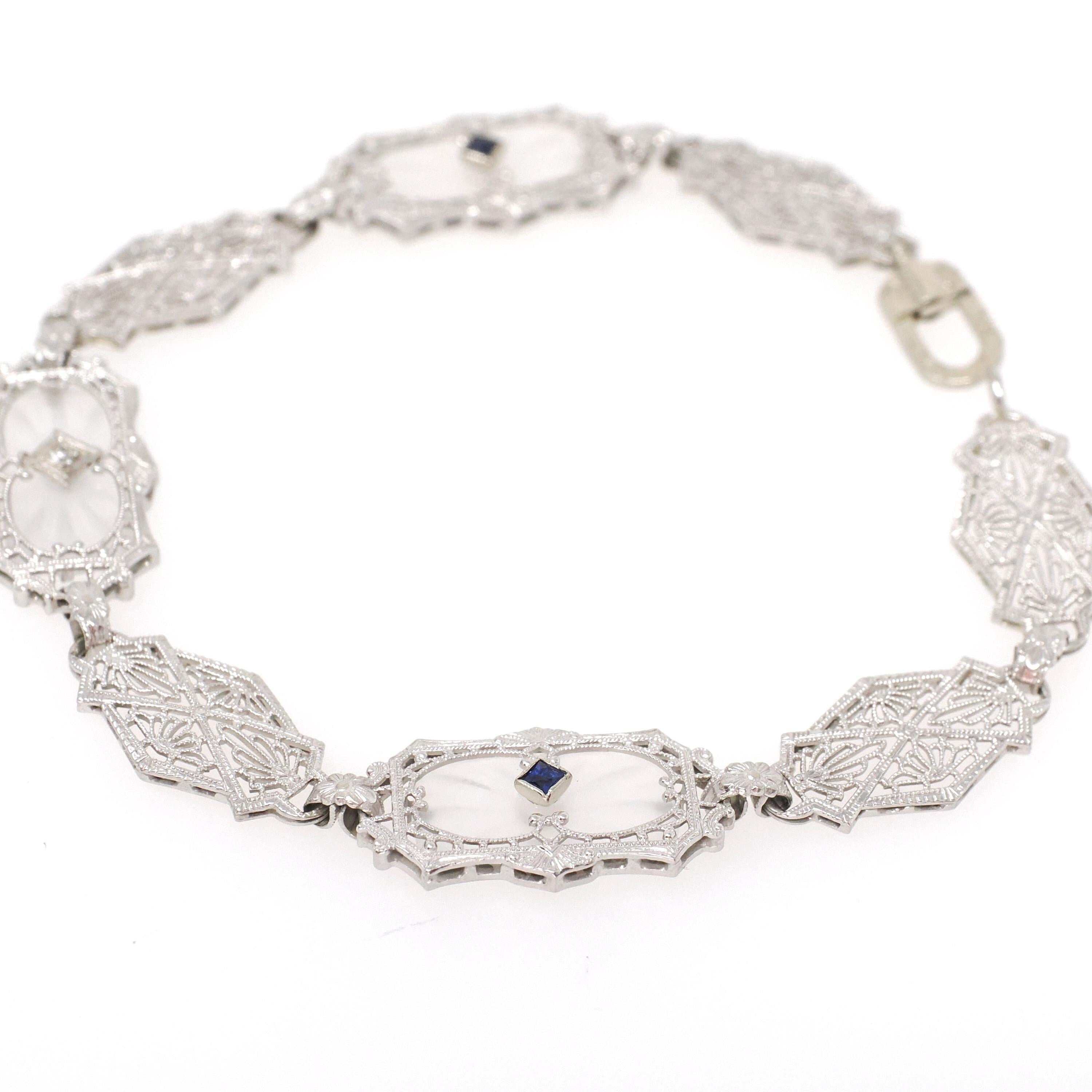 Rock Crystal Quartz Bracelet - Art Deco 14k White Gold Natural Diamond & Created Sapphire Accents - Circa 1930s Era Filigree Fine Jewelry