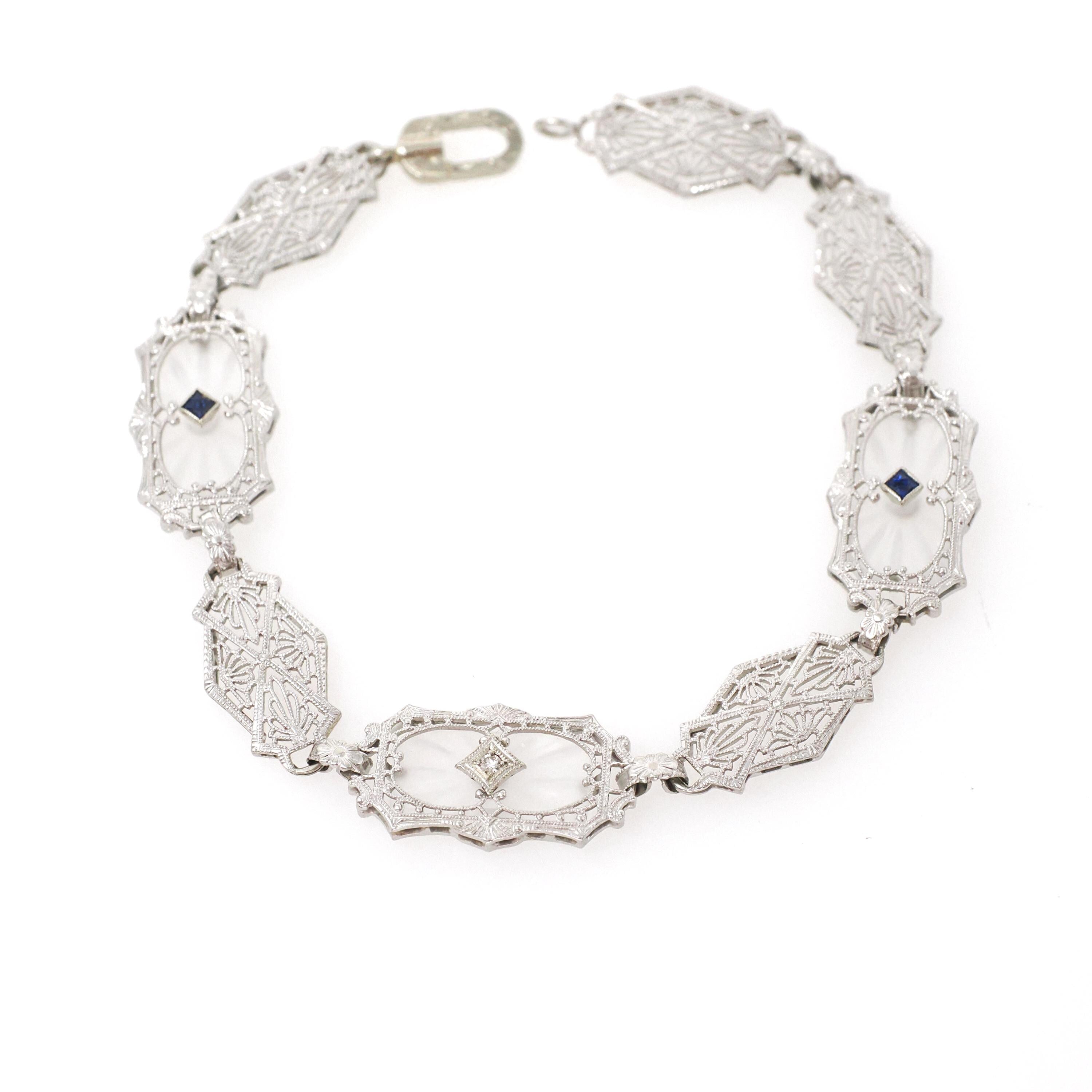 Rock Crystal Quartz Bracelet - Art Deco 14k White Gold Natural Diamond & Created Sapphire Accents - Circa 1930s Era Filigree Fine Jewelry