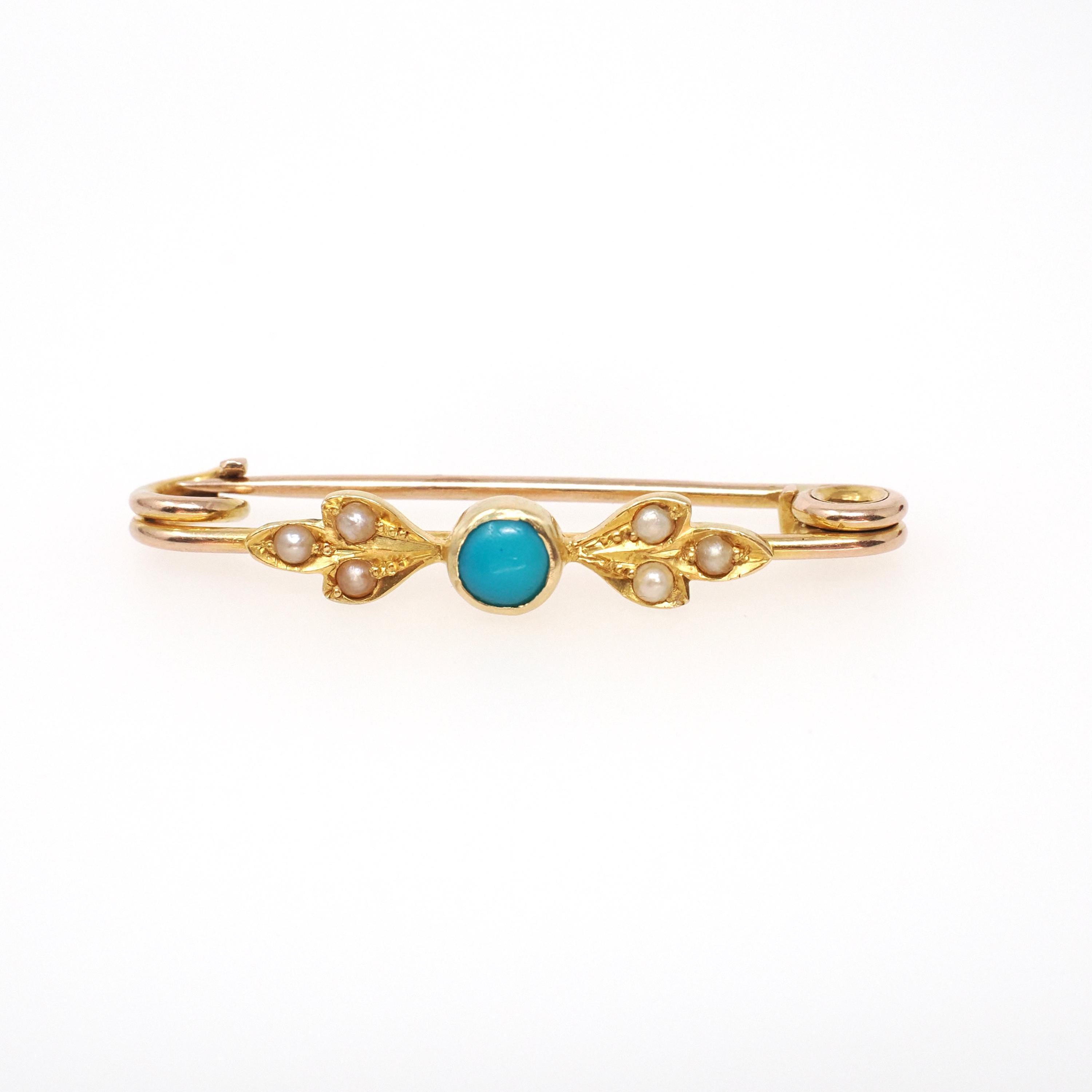 Antique Floral Brooch - Edwardian 18k Yellow Gold Natural Turquoise Gem & Seed Pearls Bar Pin - Circa 1900s Garland Fine Statement Jewelry