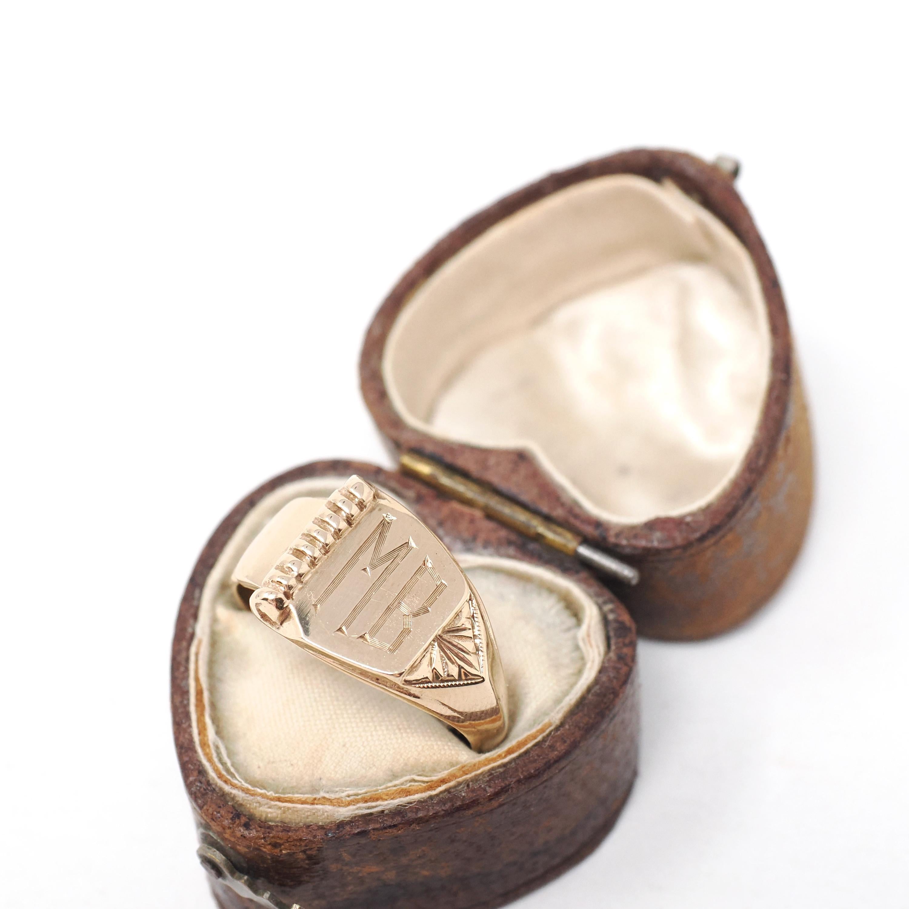 Vintage Signet Ring - Art Deco 10k Yellow Gold "MB" Engraved Initials Book Design - Circa 1930s Era Size 8 Unisex Fine Statement 30s Jewelry