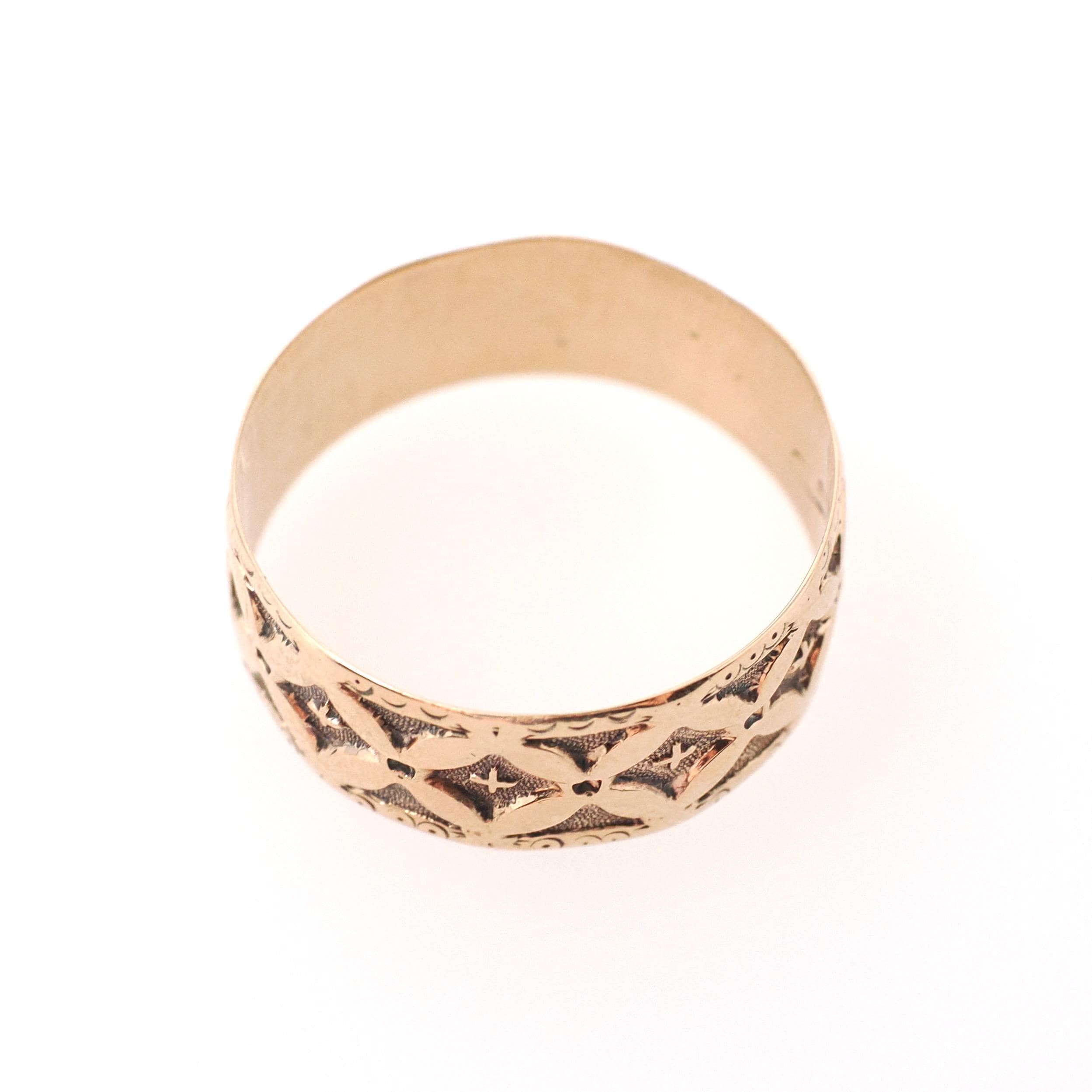 Antique Cigar Band - Edwardian 10k Rose Gold Floral & Cross Designs Wide Ring - Vintage Circa 1900s Era Size 8 Unisex Fine Stacking Jewelry