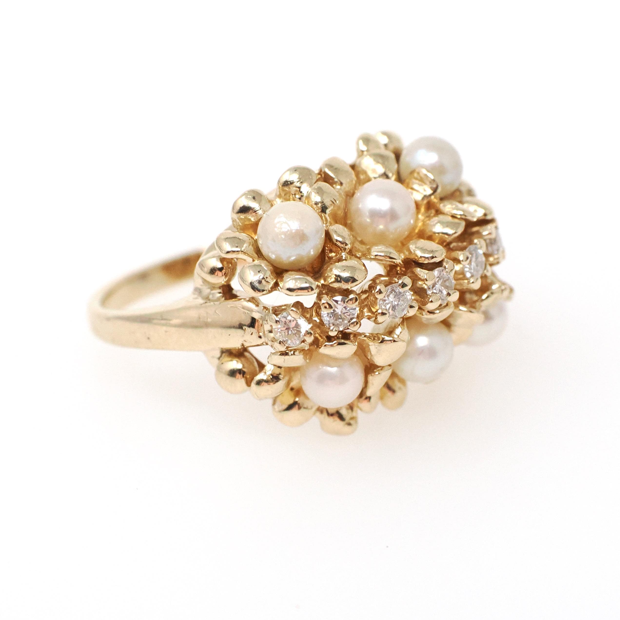 Vintage Pearl Cluster Ring - Retro Era 14k Yellow Gold Organic Cultured Gems & .19 CTW Diamonds - Circa 1960s Era Size 6 Fine Floral Jewelry