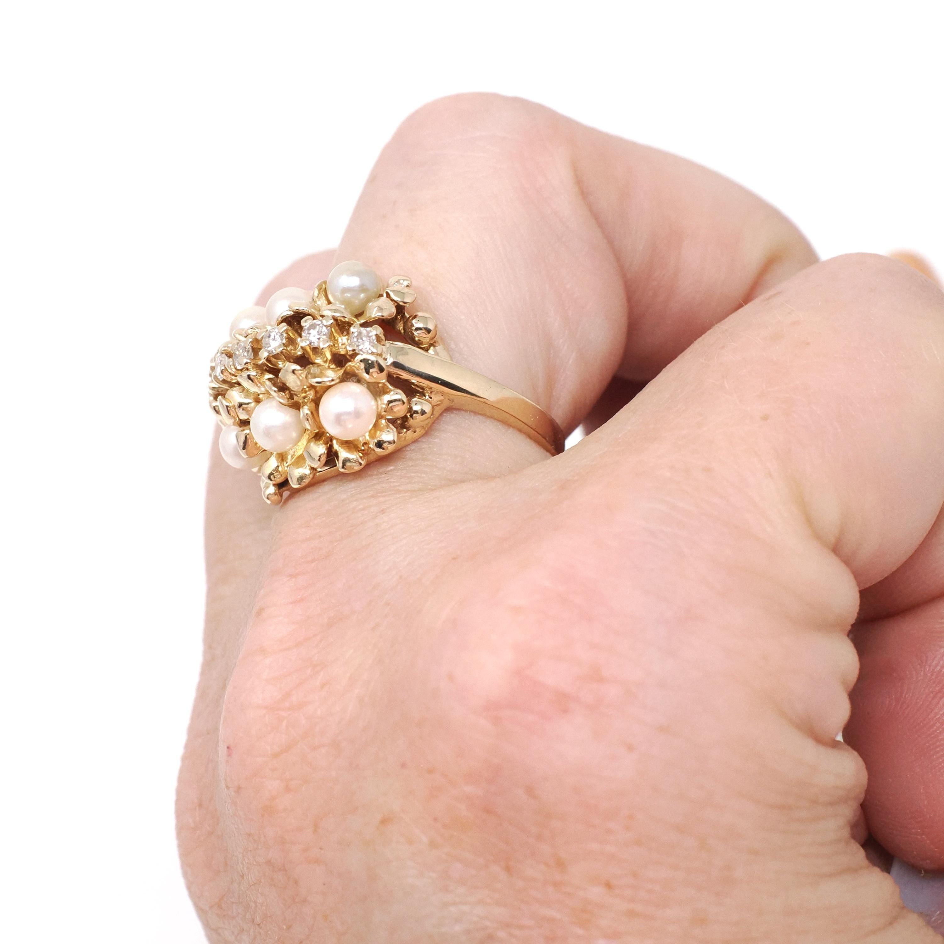 Vintage Pearl Cluster Ring - Retro Era 14k Yellow Gold Organic Cultured Gems & .19 CTW Diamonds - Circa 1960s Era Size 6 Fine Floral Jewelry