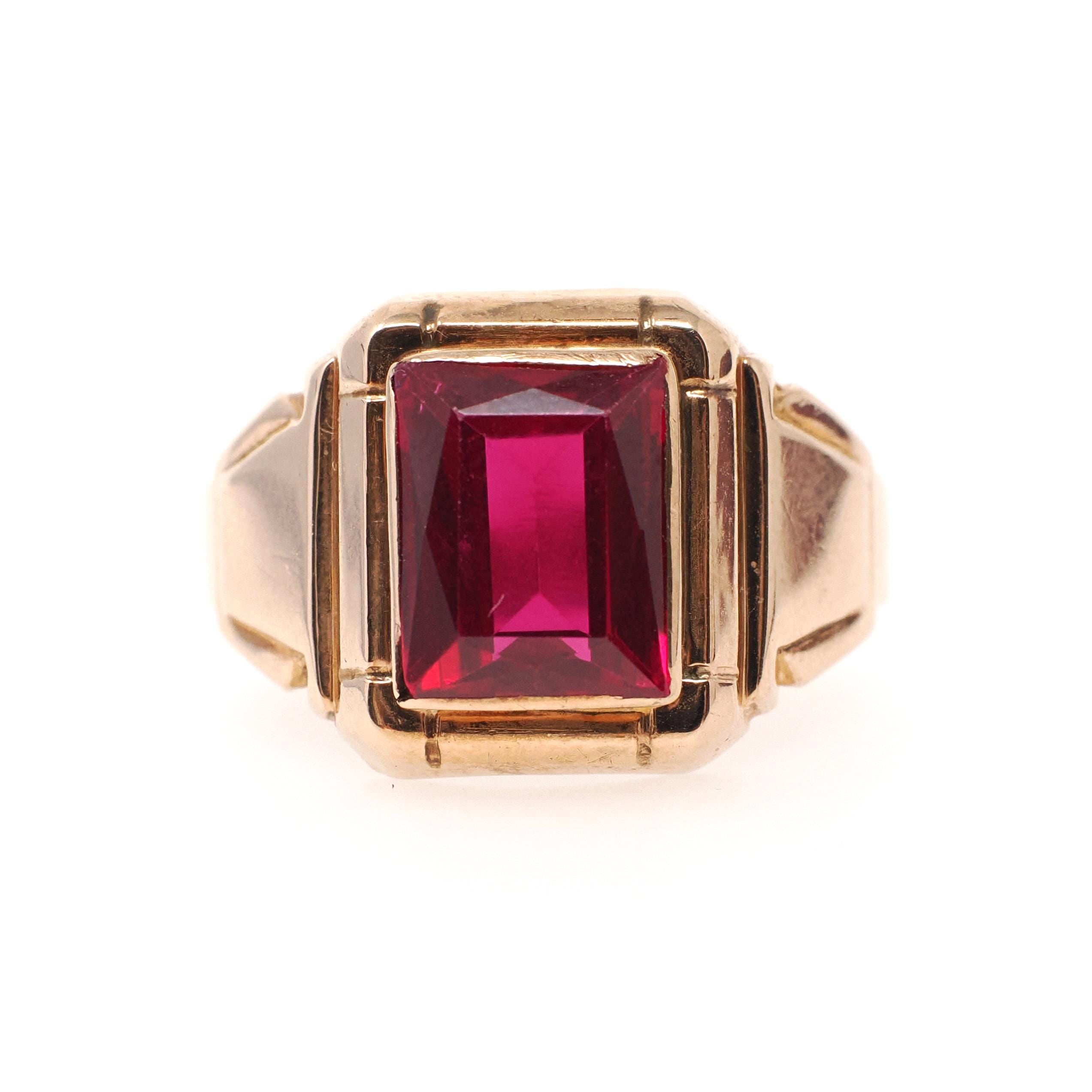 Created Ruby Ring - Retro Era 10k Yellow Gold Men's Unisex Pink Red Faceted Gemstone - Circa 1940s Size 11 1/2 Large Statement Fine Jewelry