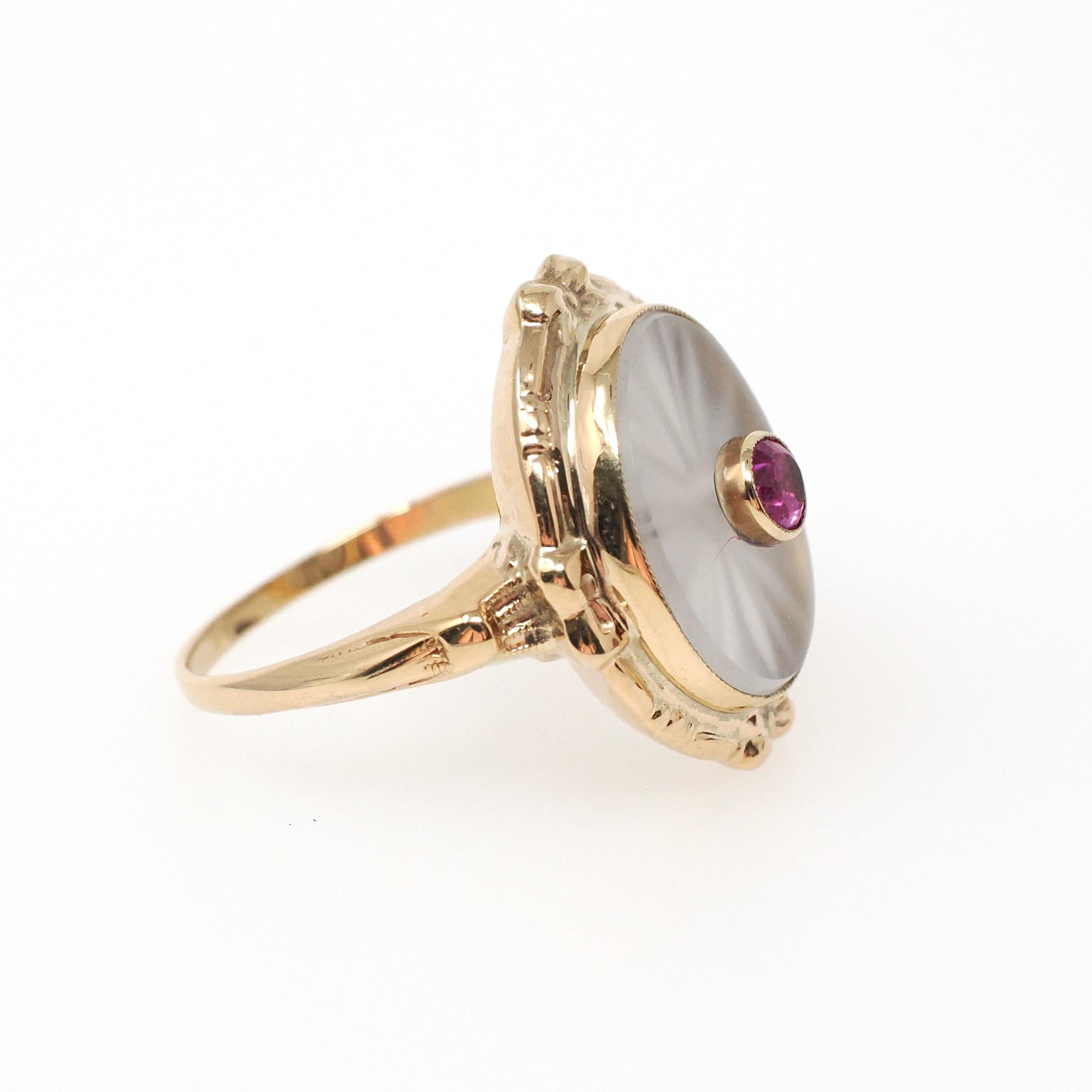 Rock Crystal Quartz Ring - Vintage 10k Yellow Gold Oval Camphor & Created Ruby Shield - Circa 1940s Size 6 1/4 July Birthstone Fine Jewelry