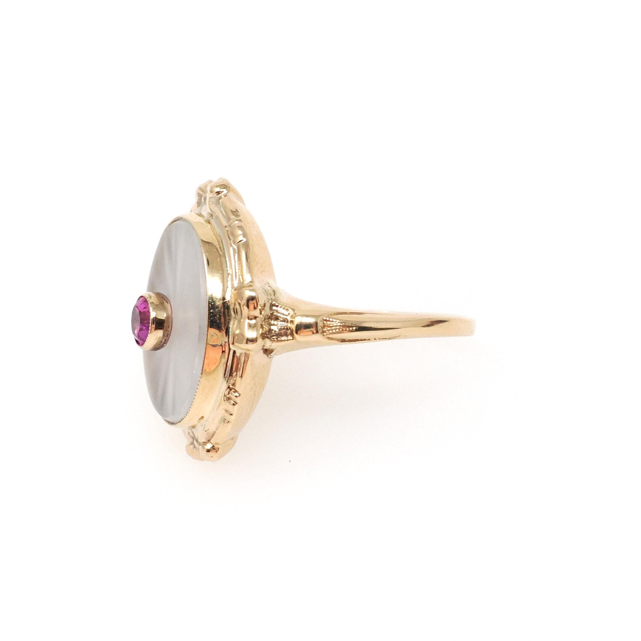 Rock Crystal Quartz Ring - Vintage 10k Yellow Gold Oval Camphor & Created Ruby Shield - Circa 1940s Size 6 1/4 July Birthstone Fine Jewelry
